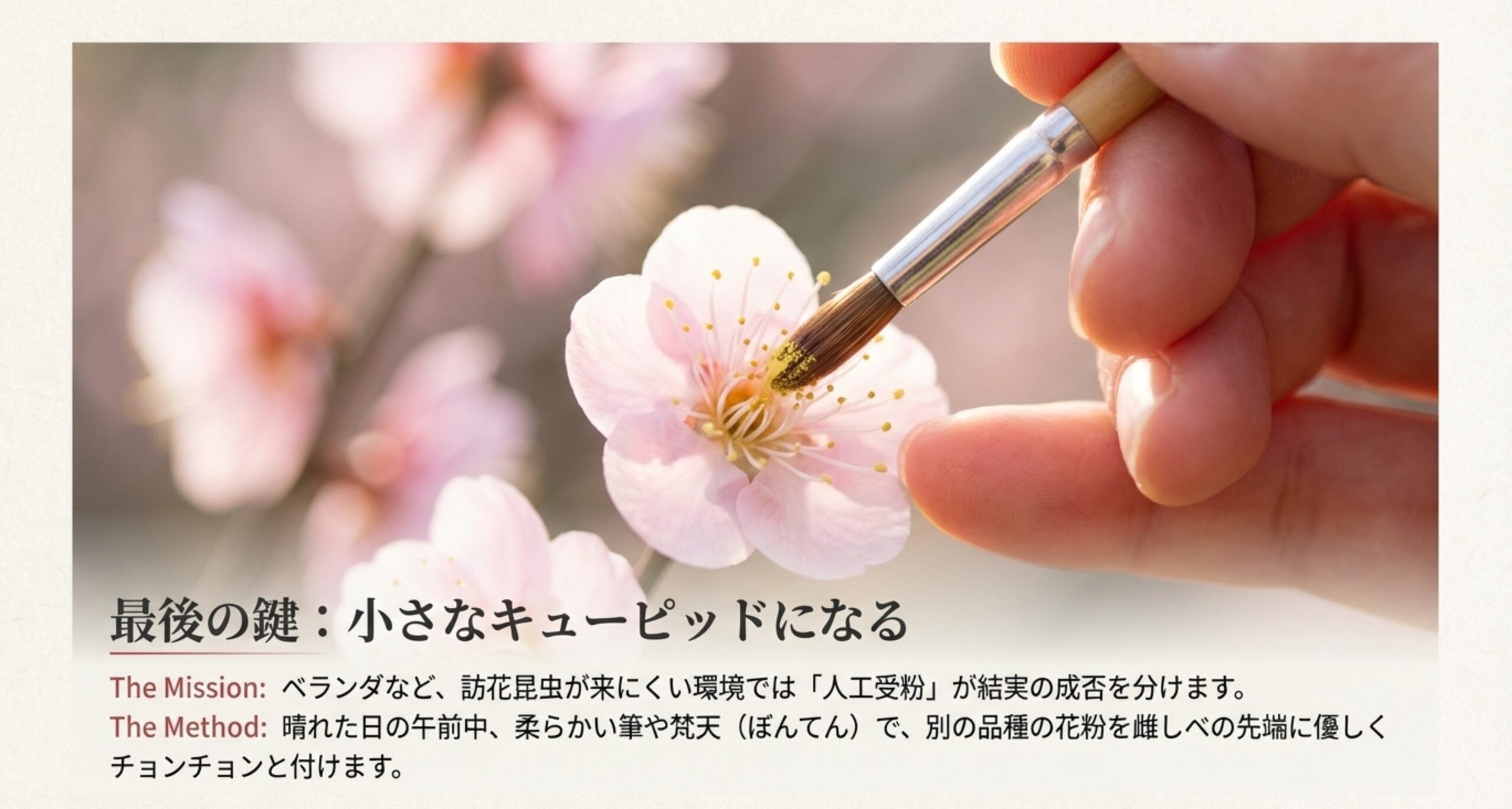 晴れた日の午前中に、筆や梵天を使って別の品種の花粉を雌しべに付ける「人工受粉」の手順を解説したスライド。