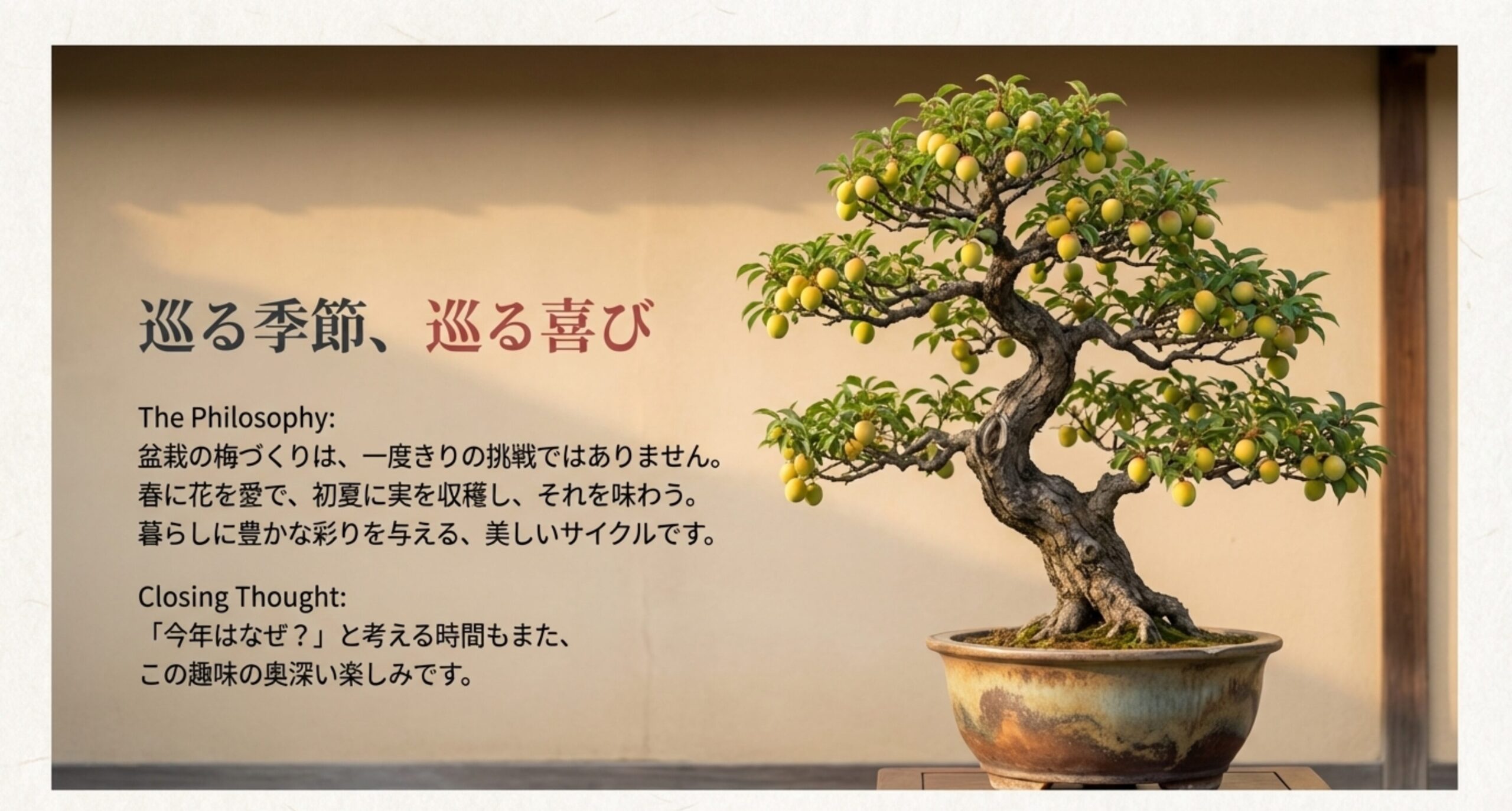 「巡る季節、巡る喜び」という言葉とともに、春の花、初夏の収穫というサイクルを楽しむ哲学を綴った結びのスライド。