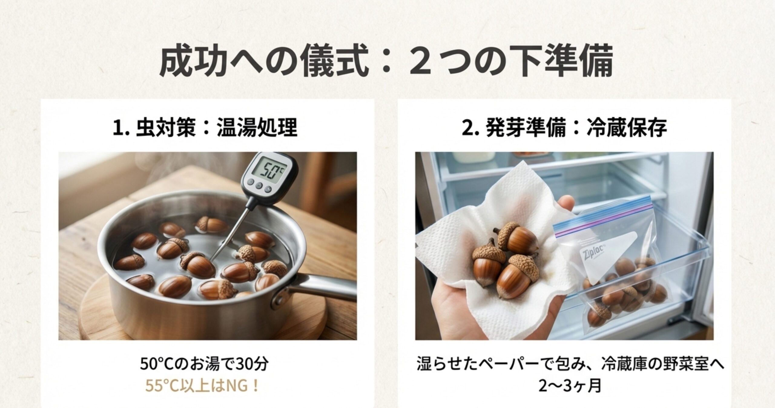 鍋で50℃のお湯に浸かるどんぐりと、キッチンペーパーに包んでジップロックに入れる様子の写真。温度管理（50℃で30分）と野菜室での保存（2〜3ヶ月）の解説。