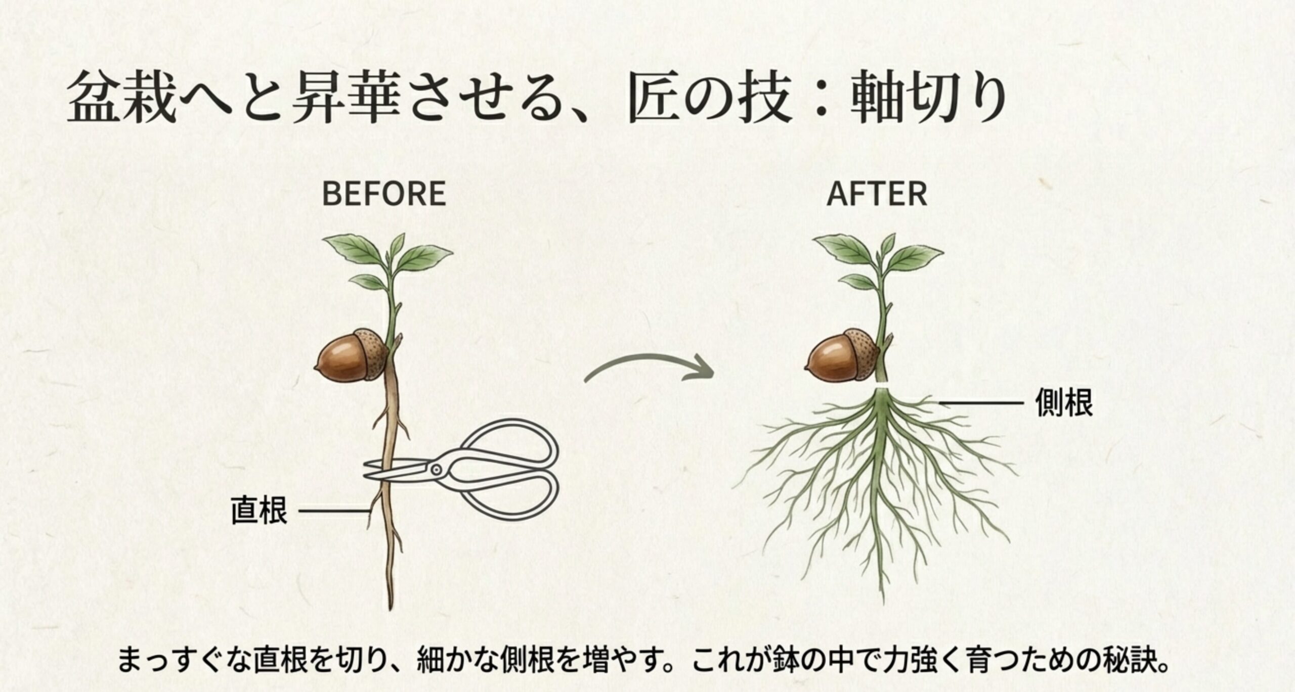 どんぐりの苗の長い直根をハサミで切る「BEFORE」と、切った後に細かな側根が増えた「AFTER」の比較イラスト。