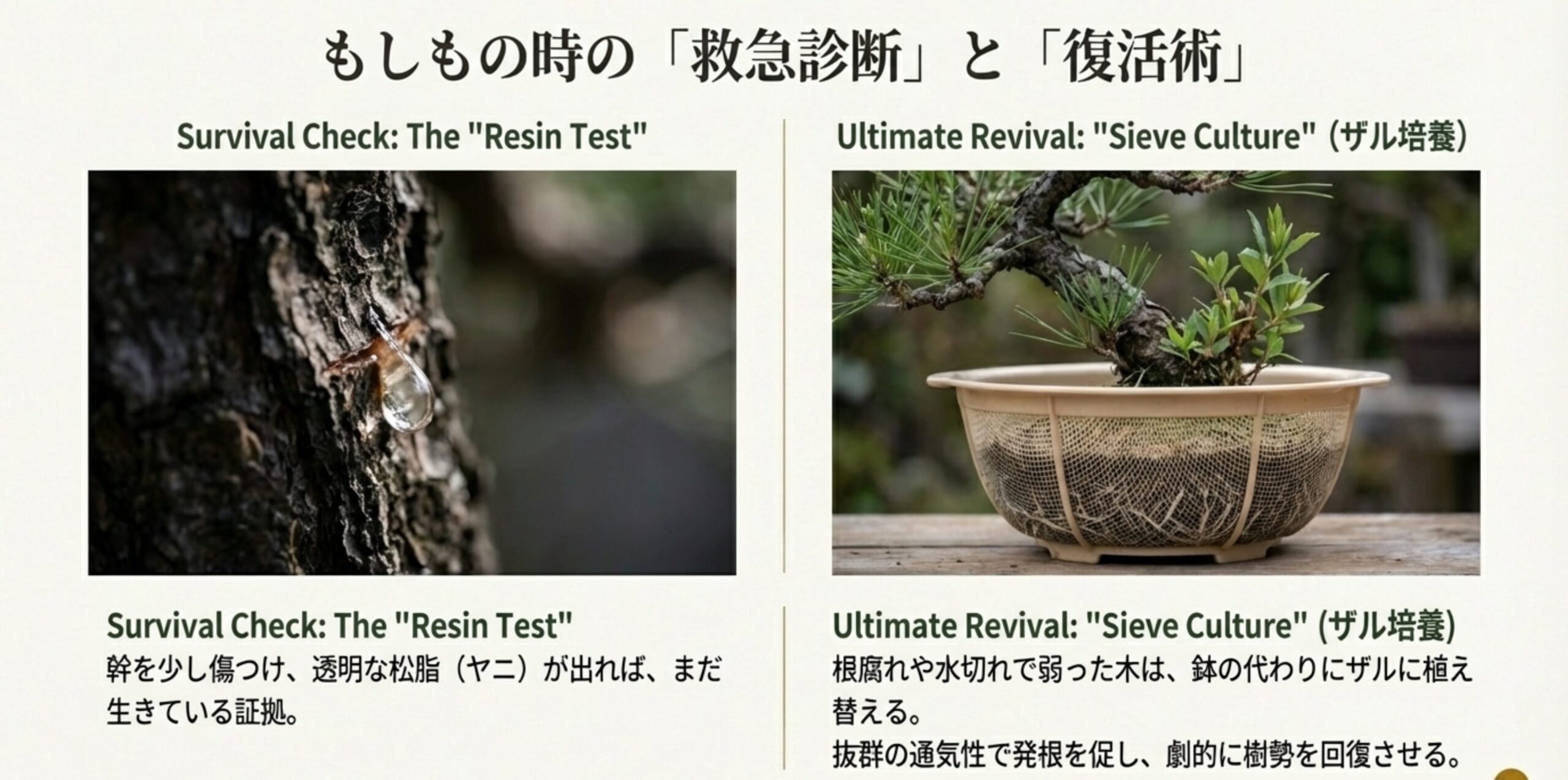幹から出る松脂（ヤニ）の写真と、抜群の通気性で樹勢を回復させるザル培養の様子。