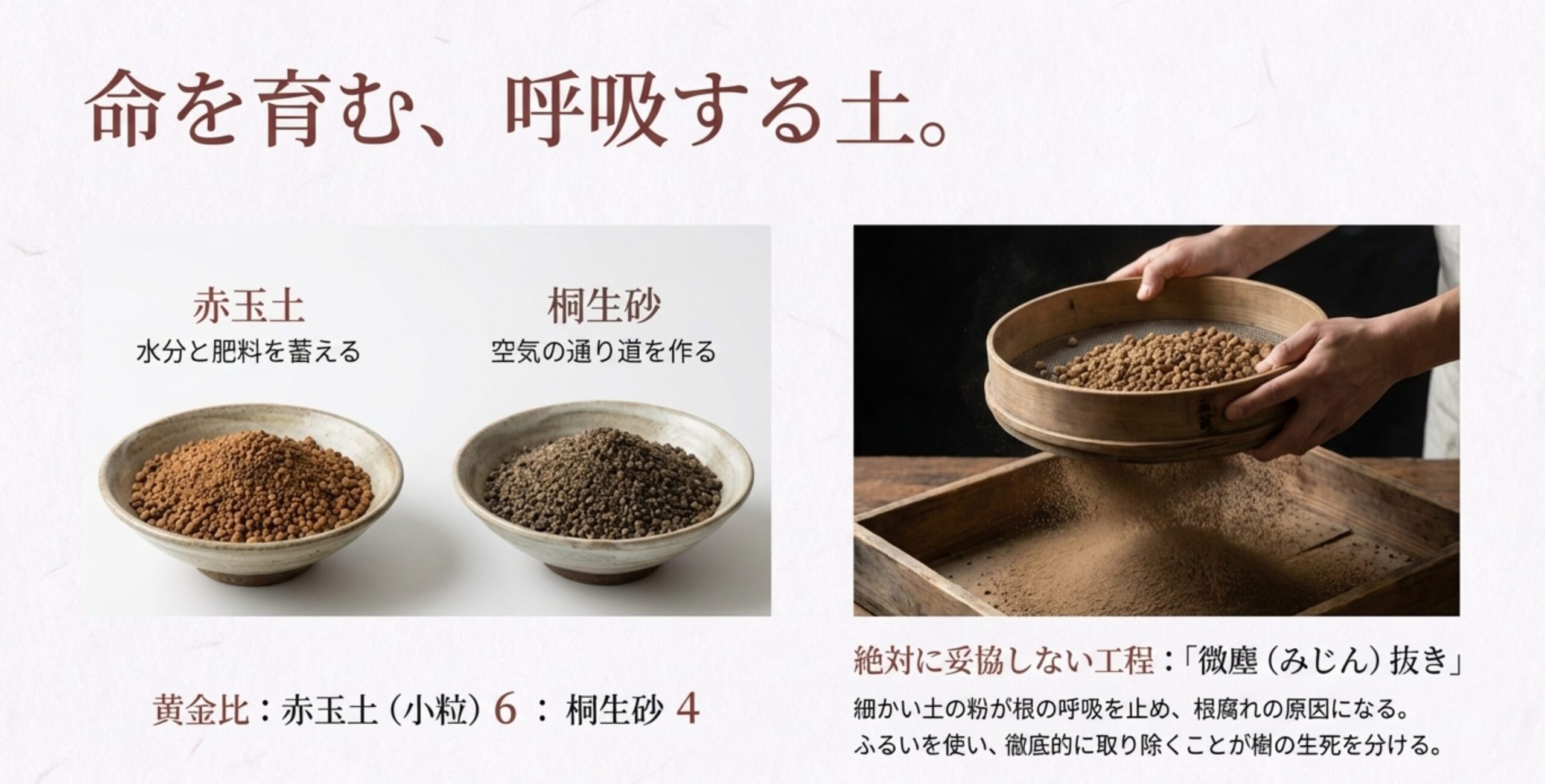 ふるいを使って土の粉末（微塵）を取り除き、通気性の良い用土を作る様子。