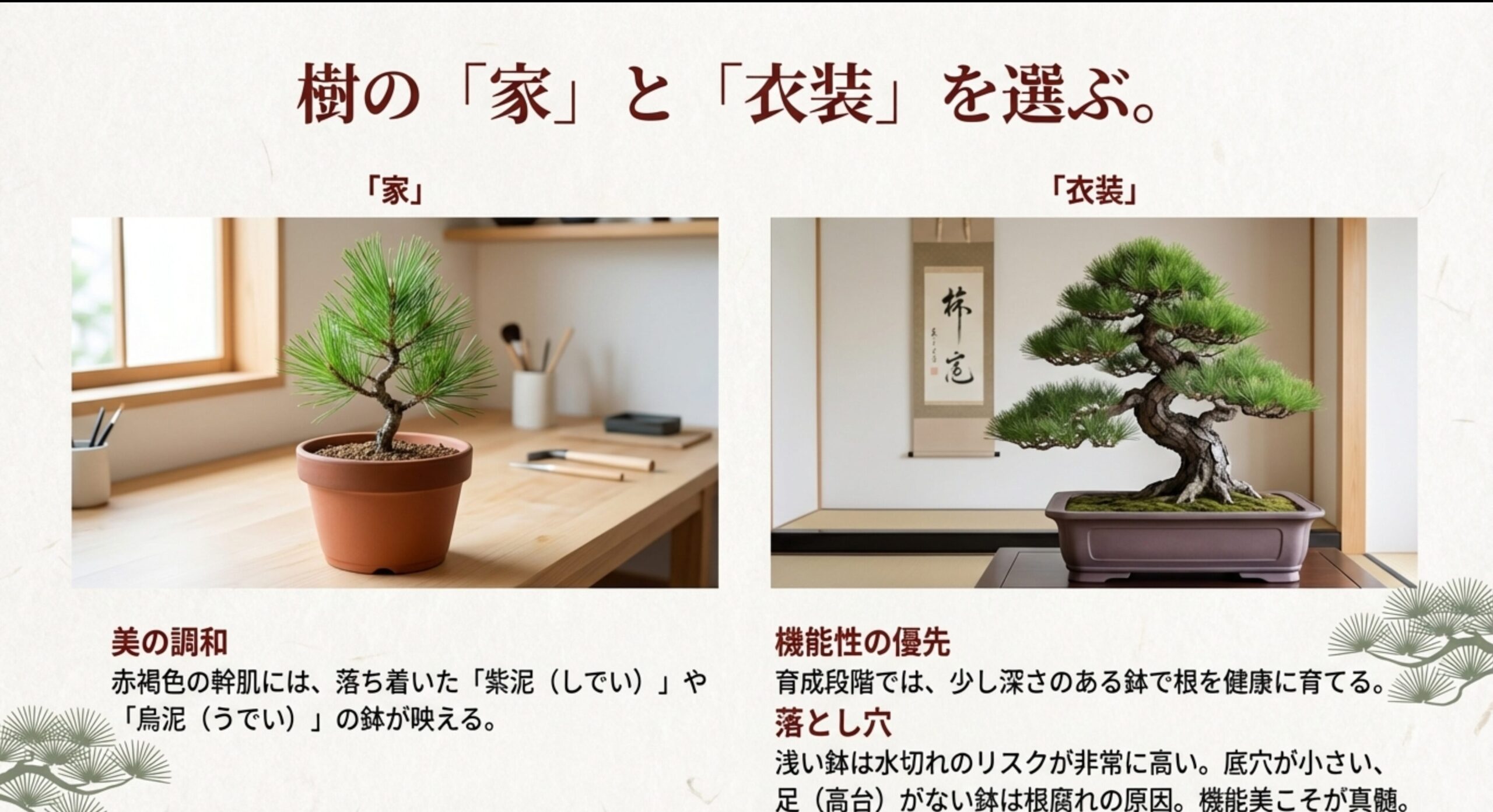 育成用の深い鉢から、鑑賞用の紫泥の鉢へ。機能性と美しさを両立させる鉢選びの比較。