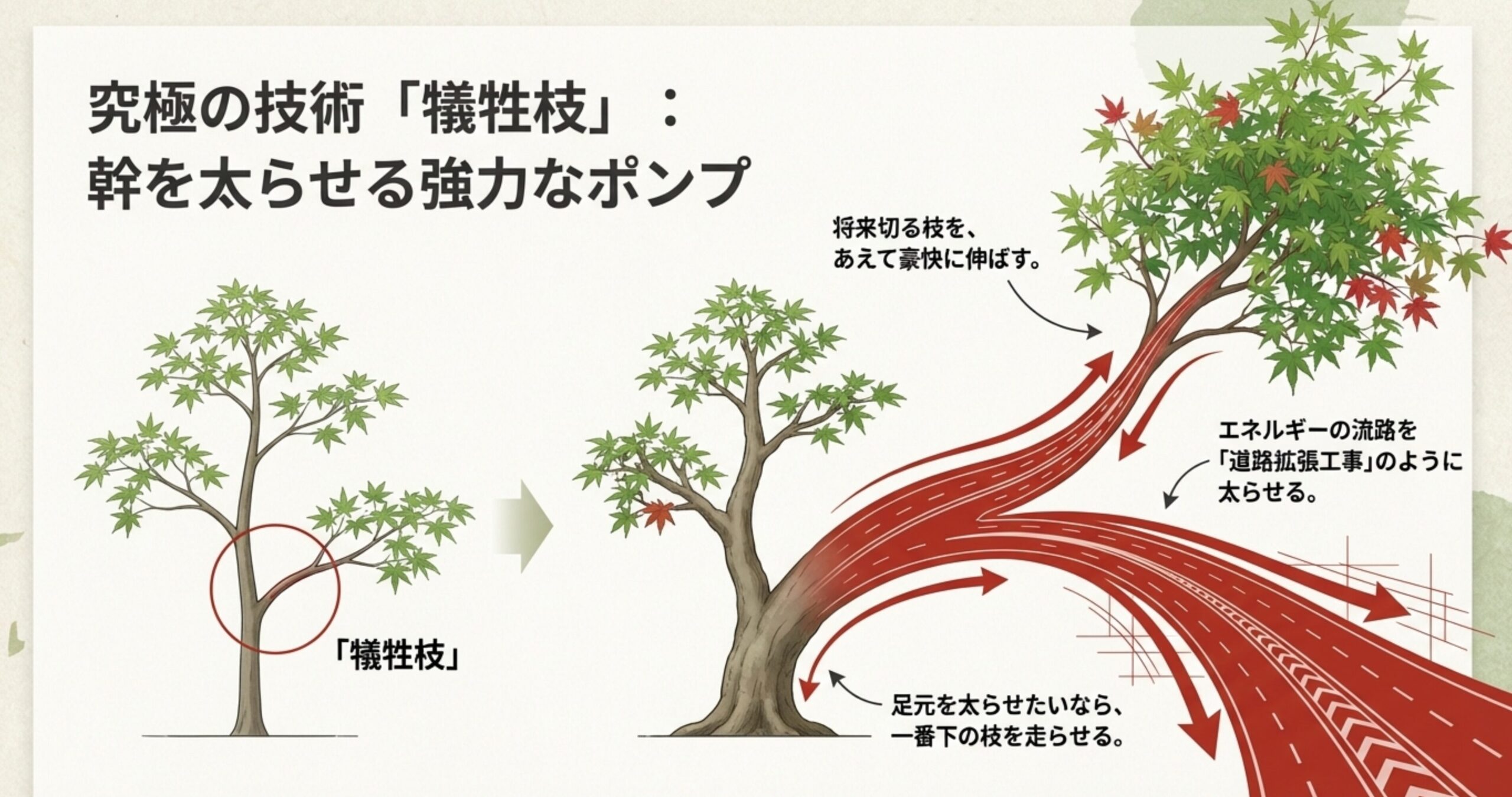犠牲枝を長く伸ばすことでエネルギーの流路を太くし、道路拡張工事のように幹を肥大させるイメージ図。