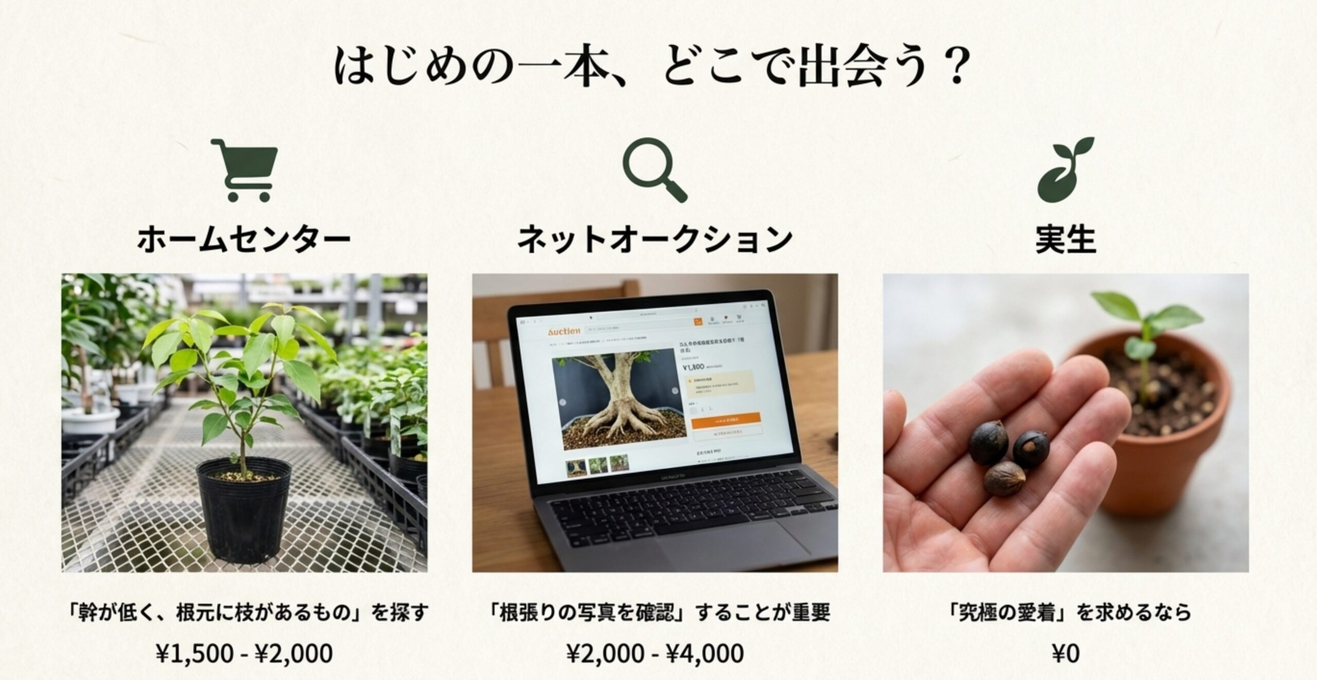 ホームセンター（1,500円〜2,000円）、ネットオークション（2,000円〜4,000円）、実生（0円）の3つの入手方法と、それぞれの選び方のポイントや相場をまとめたスライド。
