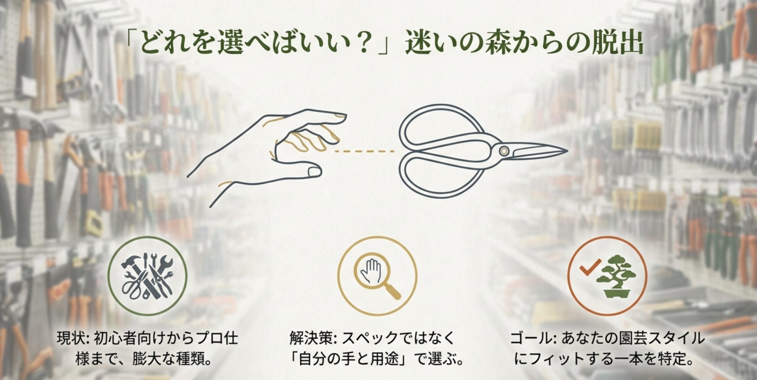 膨大な種類の中からスペックではなく「自分の手と用途」で選ぶことを提案し、自分にフィットする一本を特定することをゴールに掲げた解説スライド。