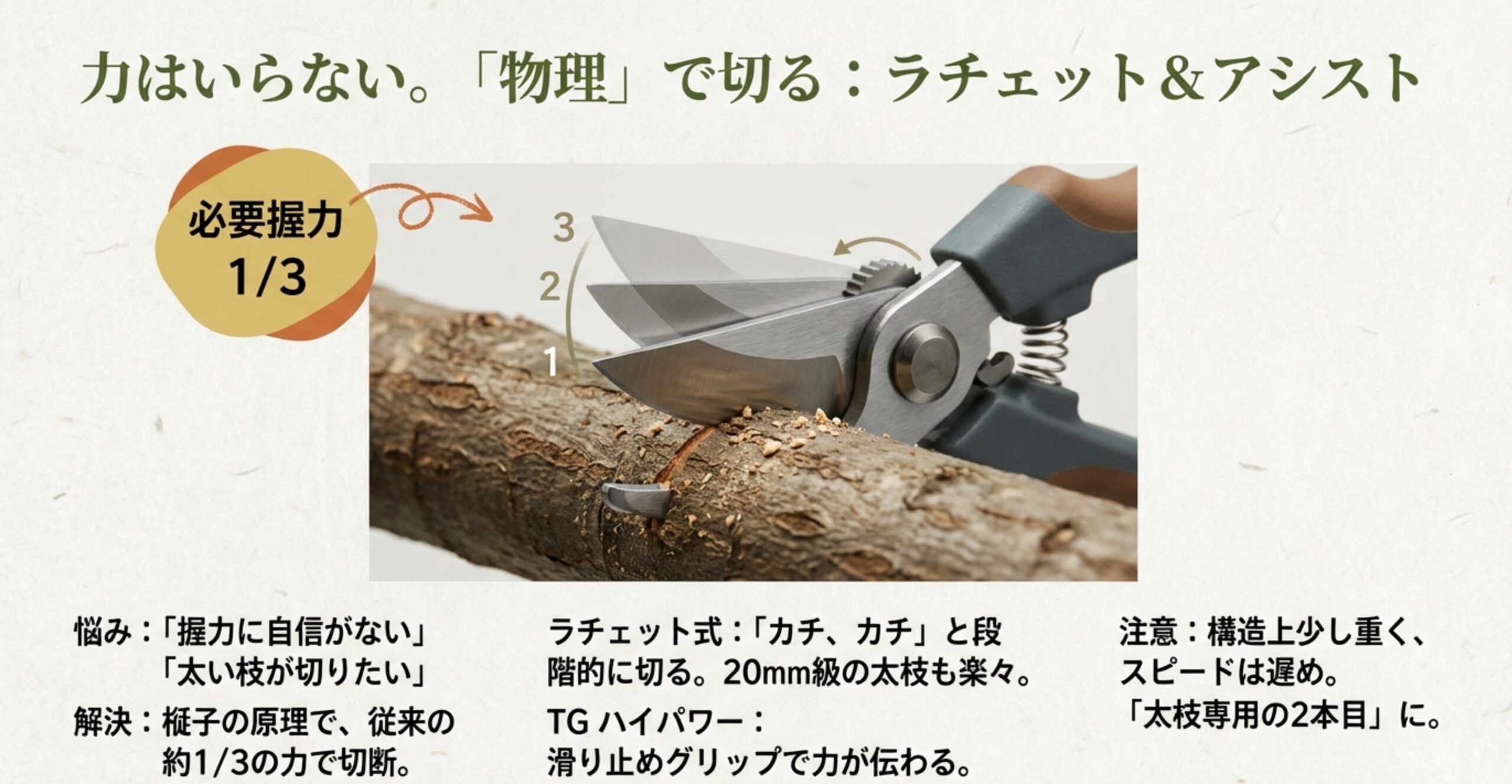 梃子の原理で従来の約1/3の力で切断できる仕組みを解説。段階的に切るラチェット式と、TGハイパワーモデルの紹介。