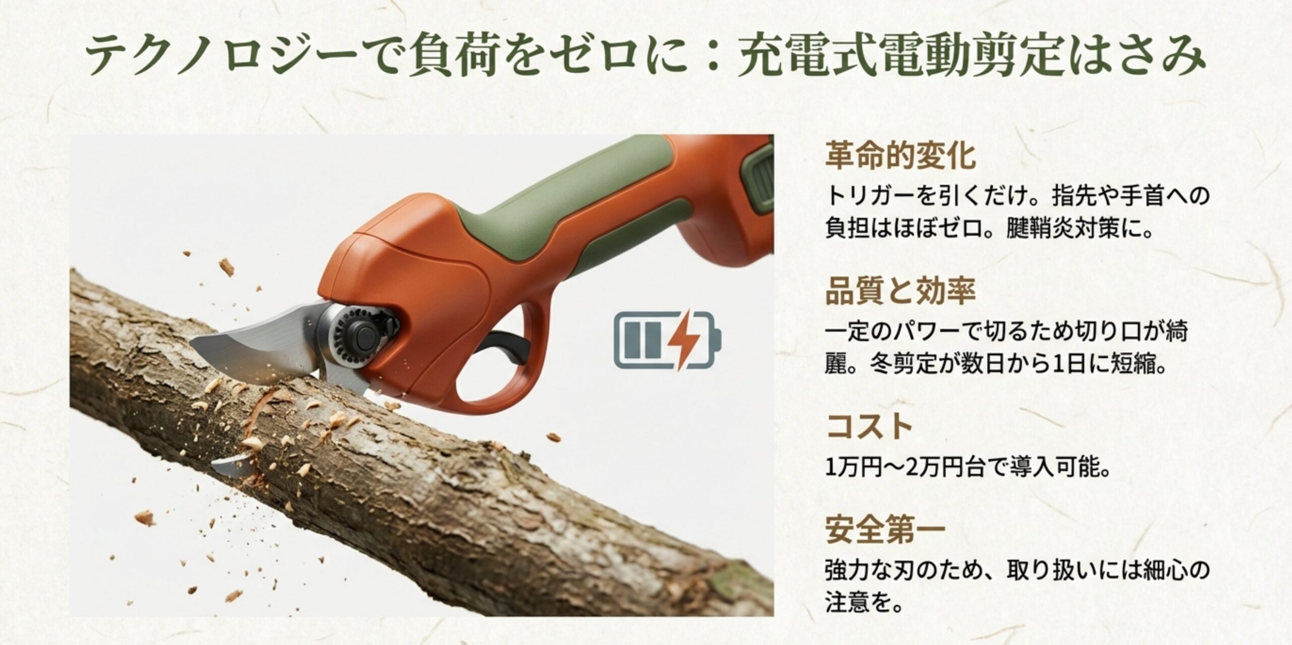 トリガーを引くだけで負荷をゼロにする電動はさみの紹介。腱鞘炎対策や冬剪定の効率化、安全上の注意について記載されたスライド。