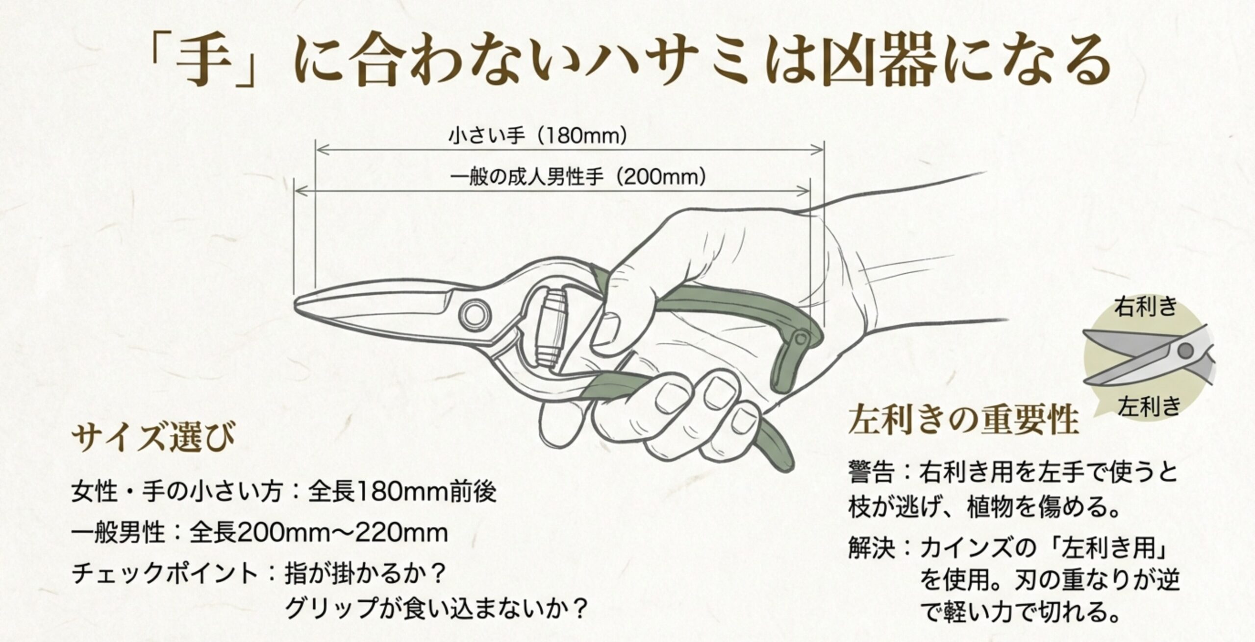 手の大きさに合わせた全長（180mm/200mm）の目安と、右利き用を左手で使うことの弊害、左利き専用モデルの利点を解説した図解スライド。