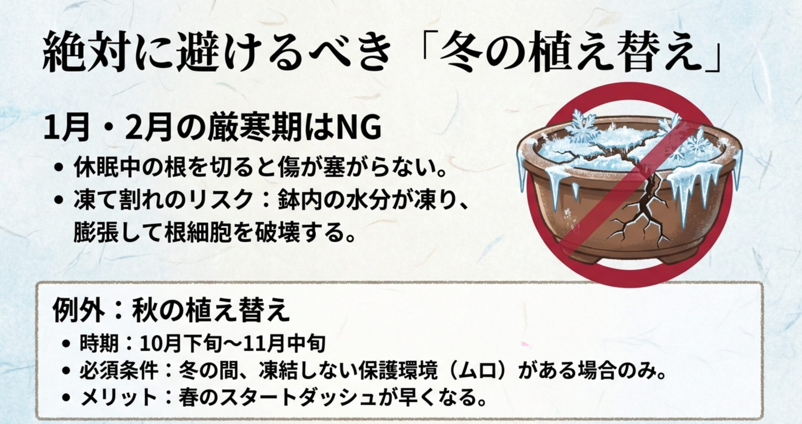 凍結してひび割れた盆栽鉢に赤い禁止マークが重なったイラスト。1・2月の作業は「凍て割れ」のリスクがあること、秋の植え替えには凍結しない保護環境が必須であることを示す図解。
