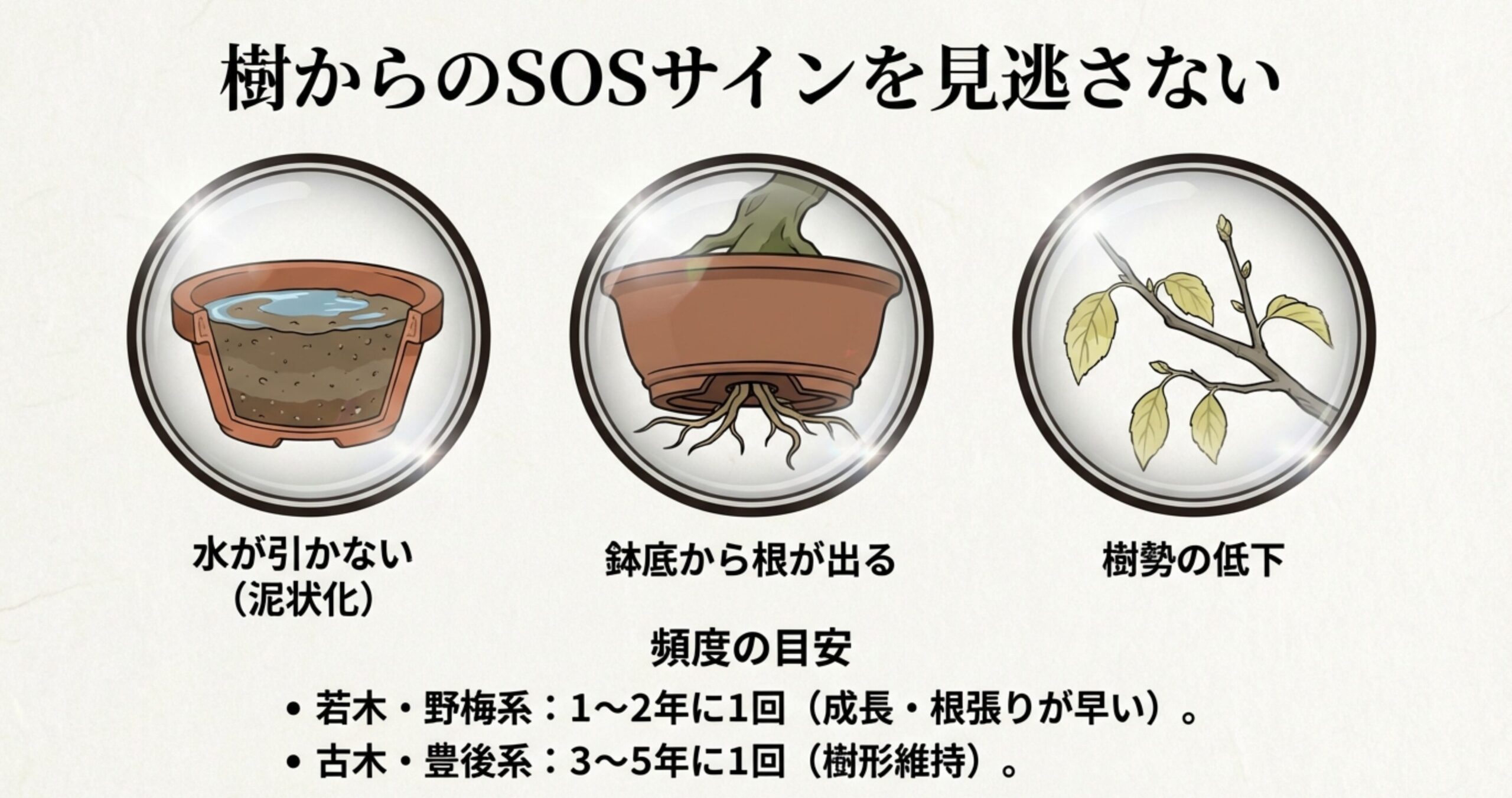 「水が引かない」「鉢底から根が出る」「樹勢の低下」という3つのSOSサインを円形のアイコンで示した図。下部には若木（1〜2年）と古木（3〜5年）の植え替え頻度の目安が記載されている。