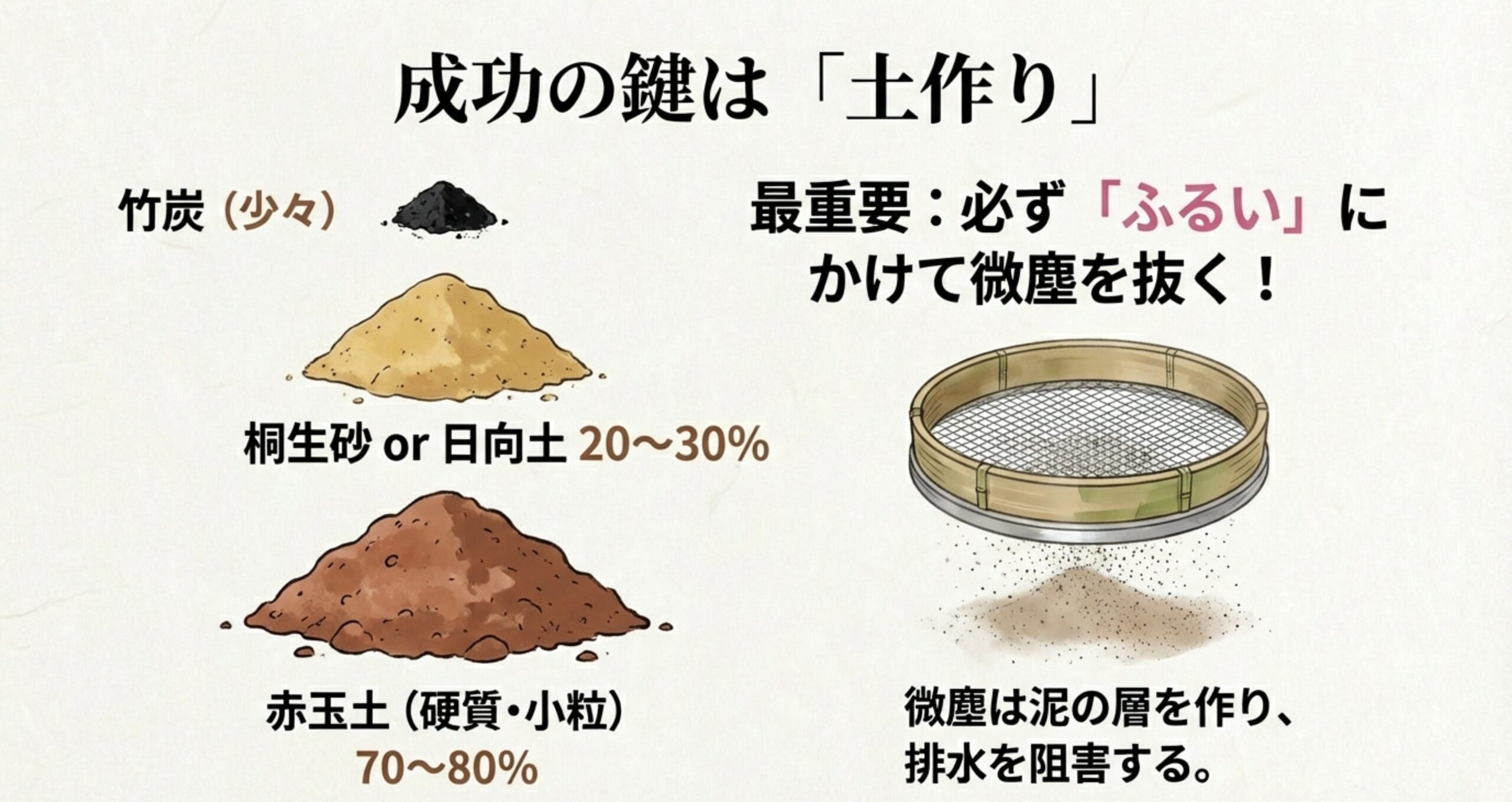 赤玉土、桐生砂、竹炭の山と、中央に大きな「ふるい」のイラスト。必ずふるいにかけて微塵（粉）を抜くことが、排水性を保つ最重要ポイントであることを強調する図解。