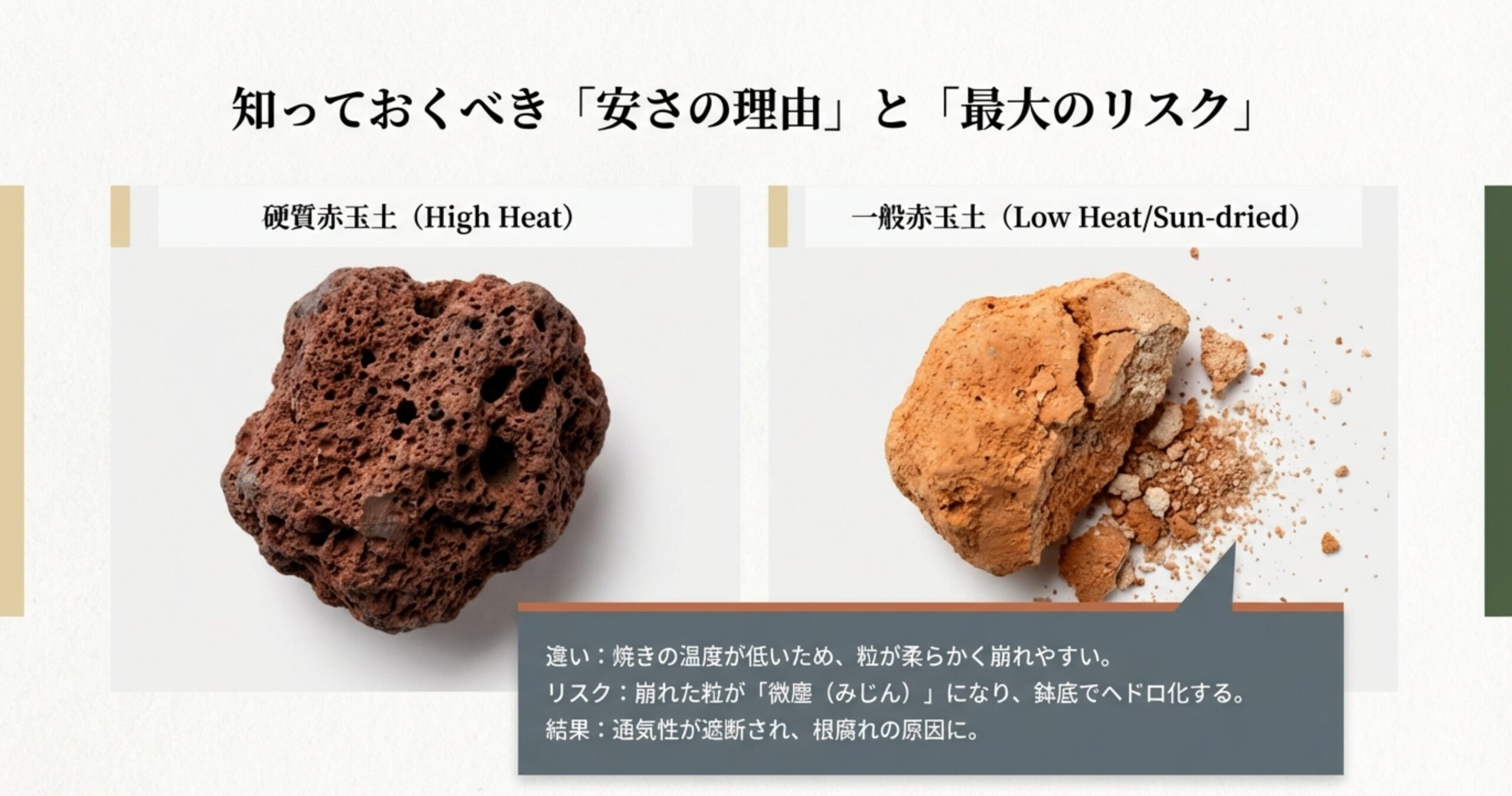 一般的な赤玉土は焼き温度が低く粒が崩れやすいため、微塵がヘドロ化して根腐れを招くリスクを図解したスライド。