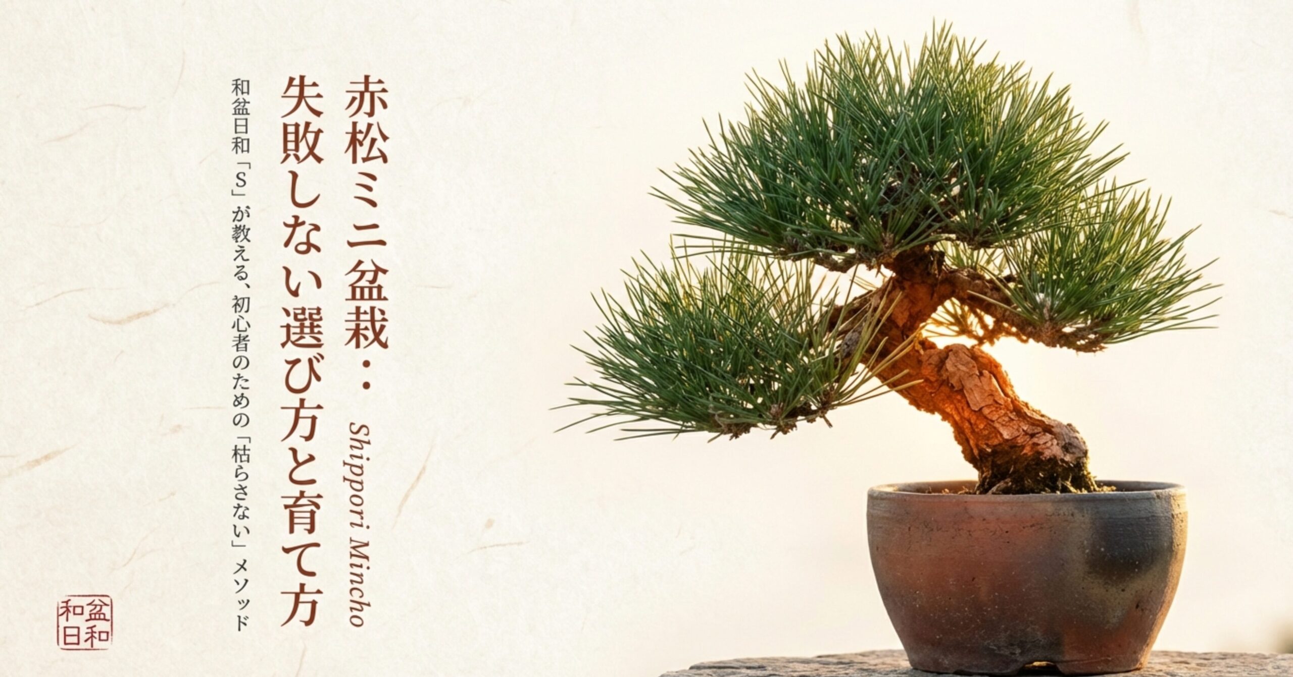 赤松のミニ盆栽の写真と共に「失敗しない選び方と育て方」「初心者のための枯らさないメソッド」と書かれた表紙画像。