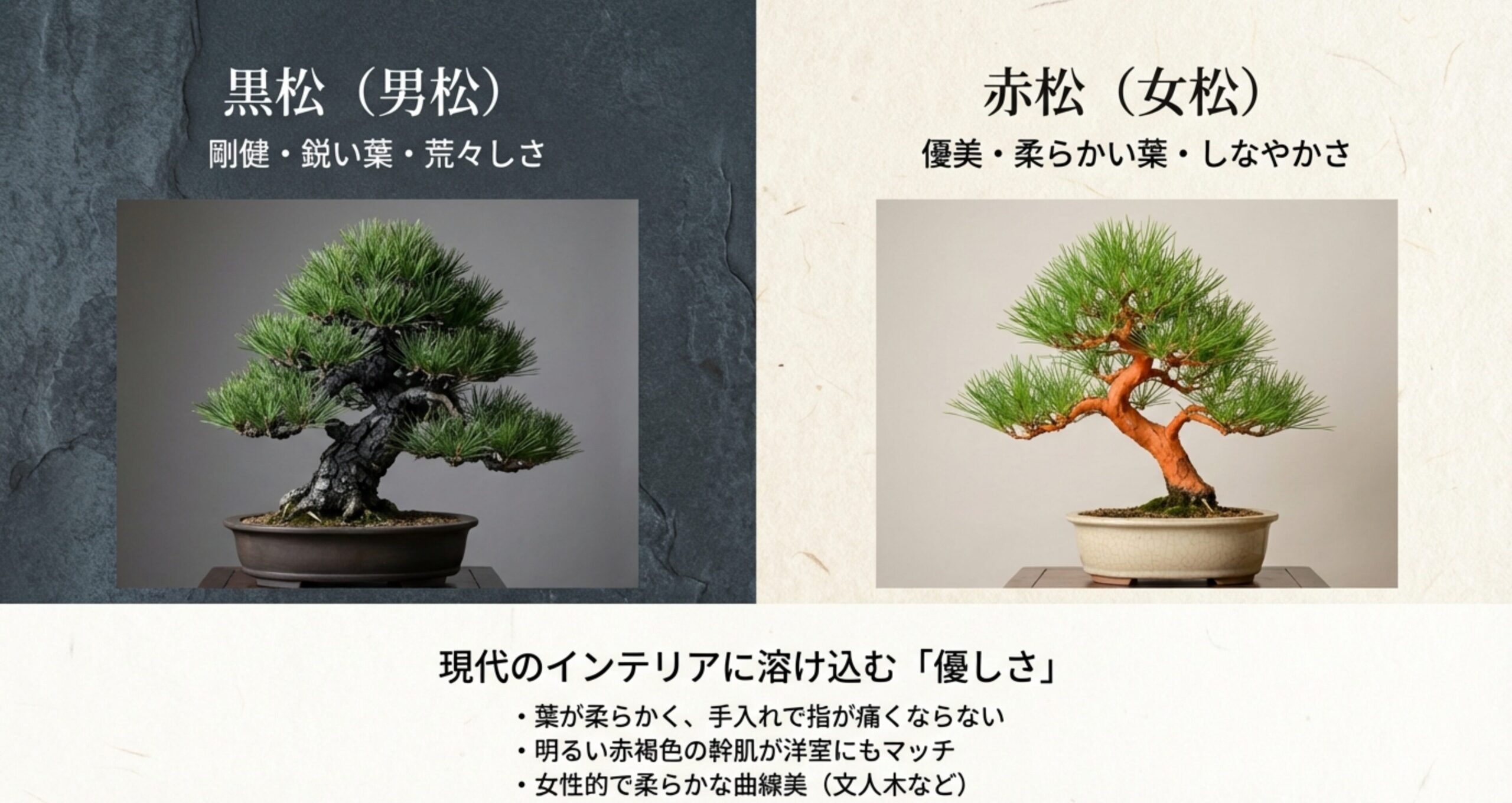 黒松（男松）の力強さと、赤松（女松）の優美さを比較した表。赤松は葉が柔らかく、幹肌が洋室にも合う特徴がまとめられている。