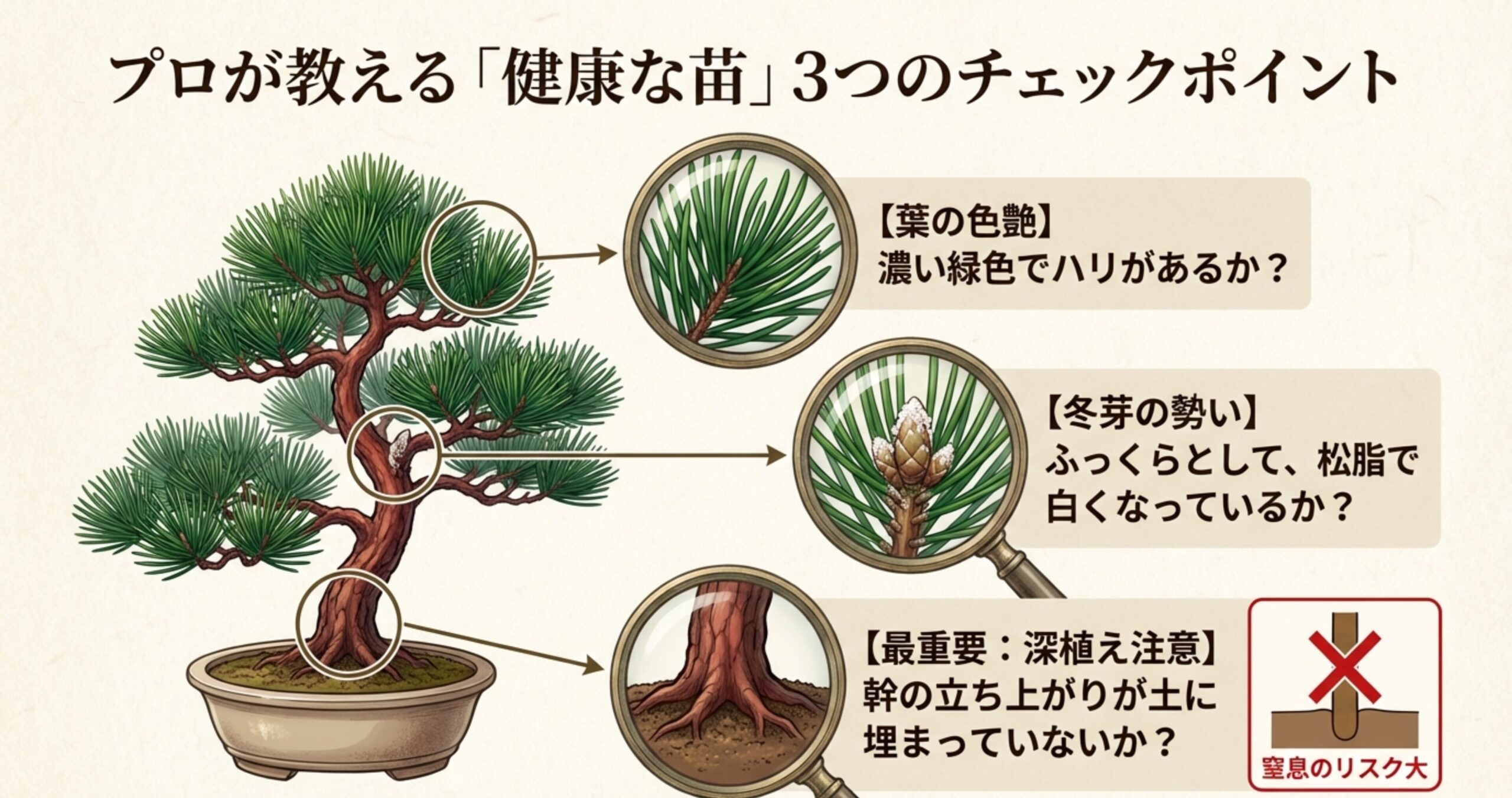 健康な苗の3つのチェックポイント（葉の色、冬芽、深植え）を解説。幹が土に埋まりすぎた「窒息リスク」をイラストで警告。