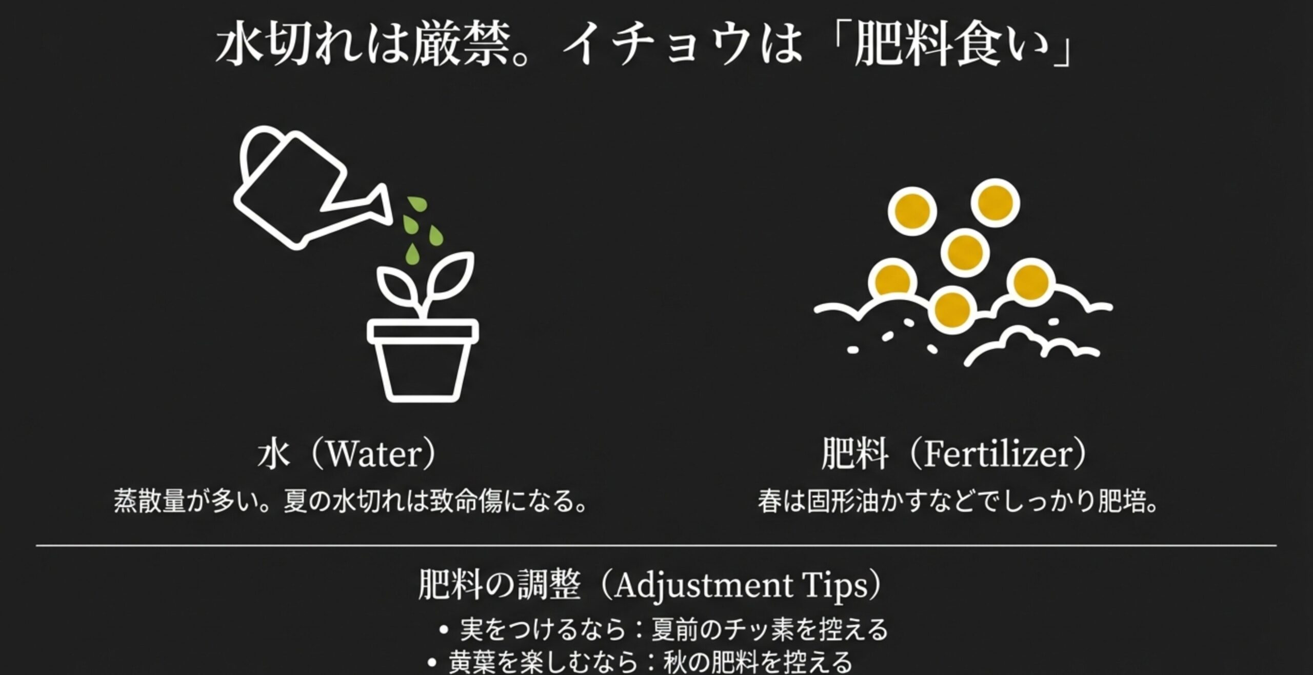水切れへの注意と、目的別の肥料コントロール（実物・黄葉）についての解説図
