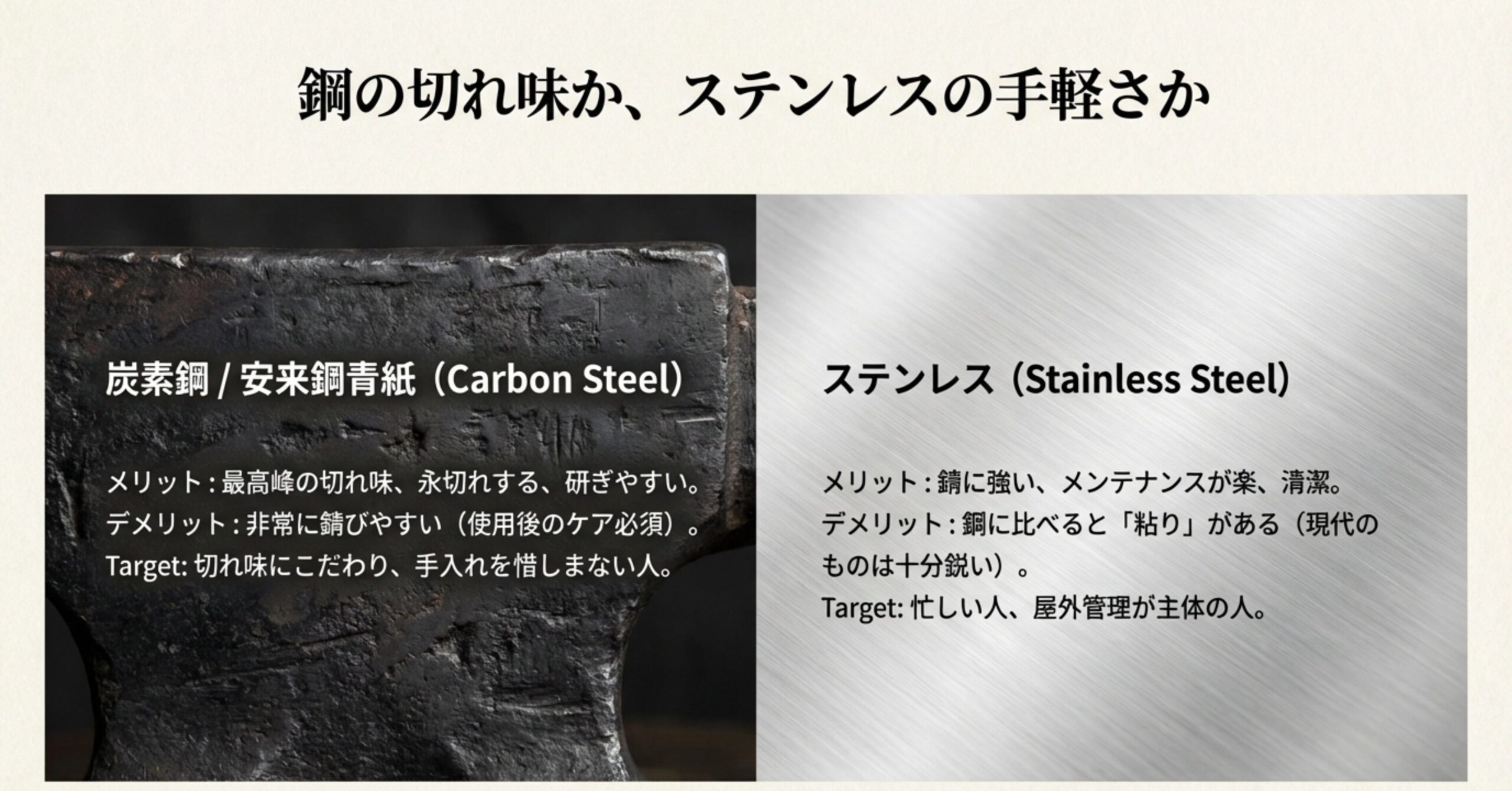 炭素鋼（安来鋼青紙など）とステンレス鋼それぞれの特徴、メリット、デメリット、おすすめのユーザー層を比較した表。