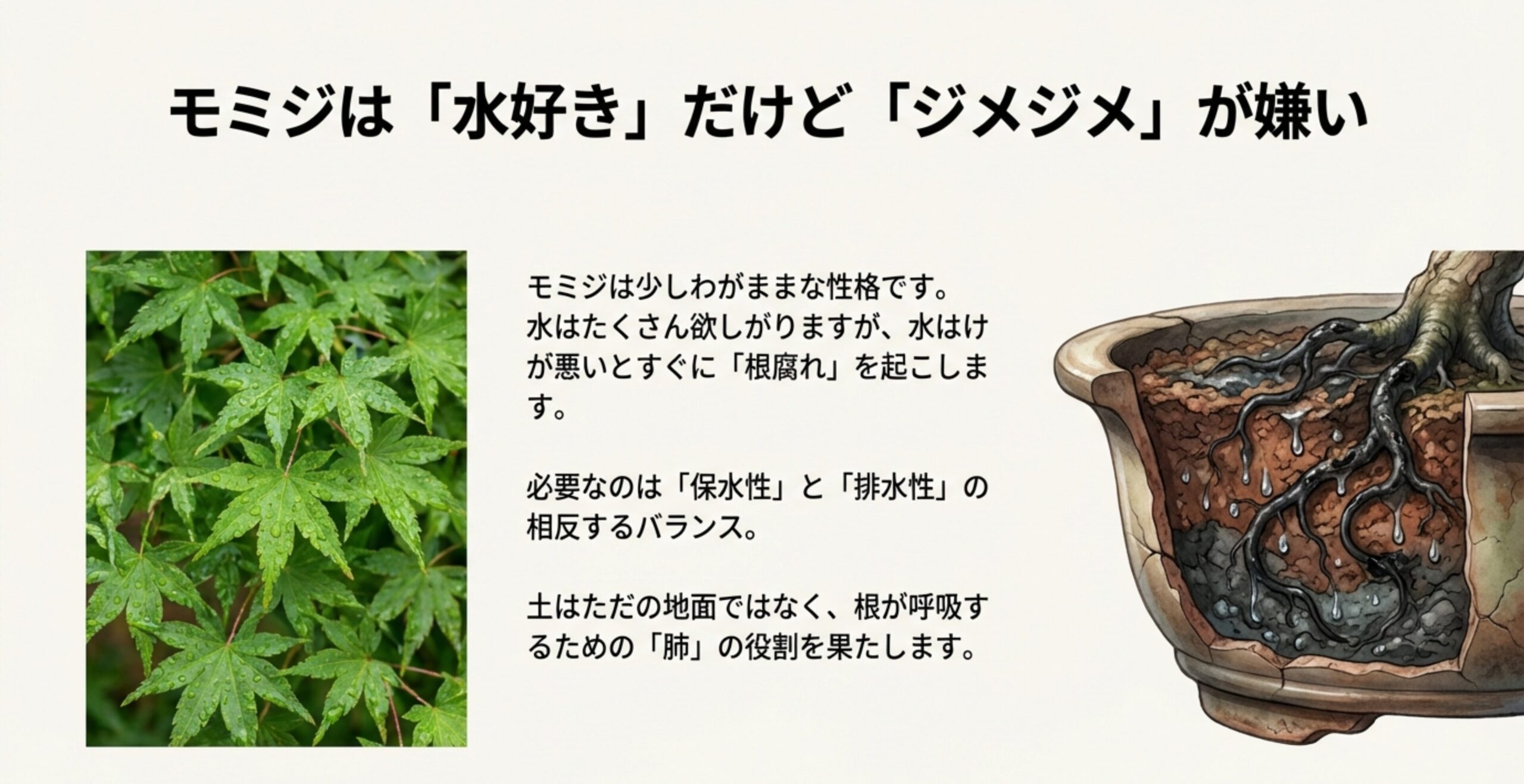 鉢の中の土と根の断面図イラスト。モミジは水が好きだがジメジメを嫌うため、土が根の呼吸を助ける「肺」の役割を果たす必要があることを解説。
