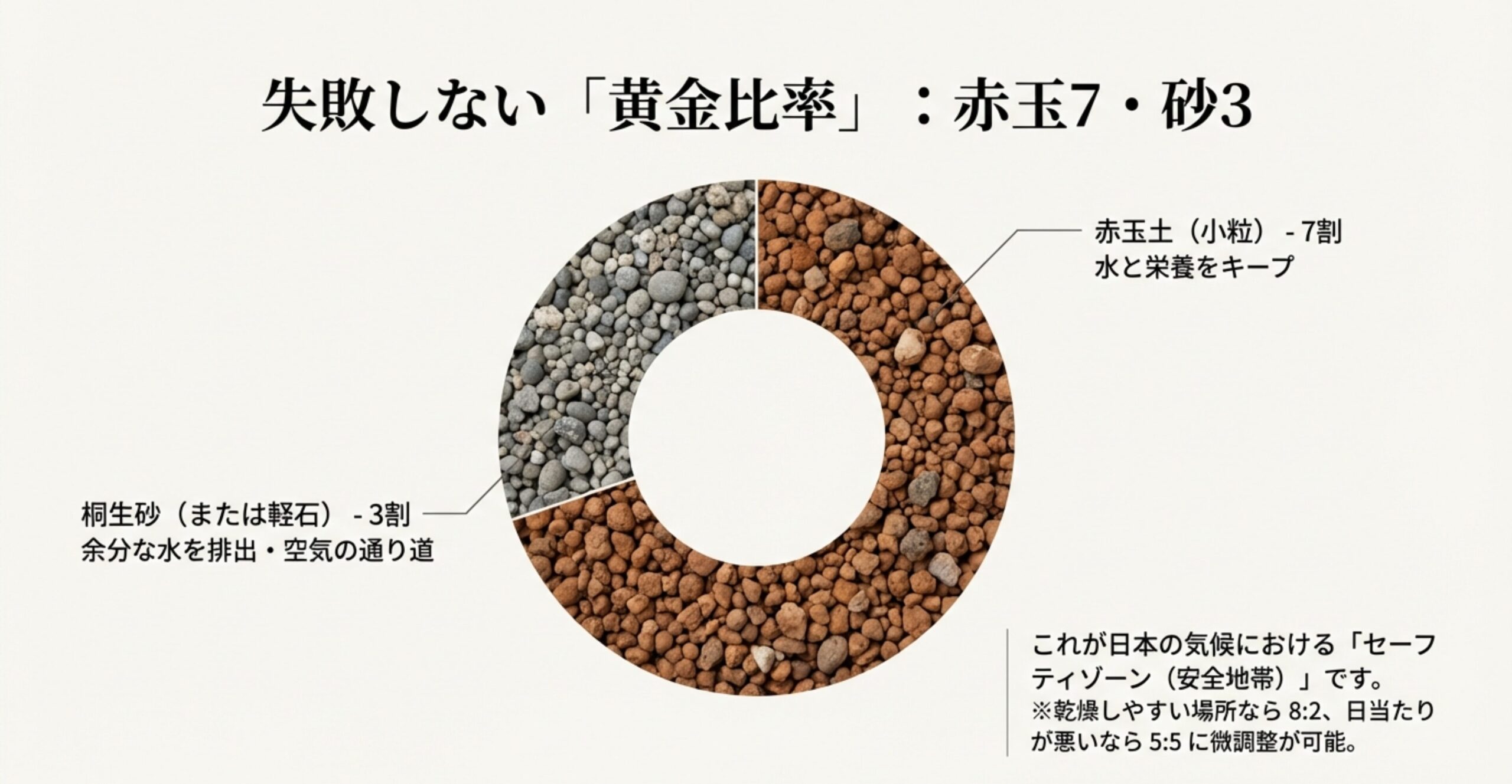 硬い赤玉土の粒と、崩れて泥状になった悪い土の比較写真。100均や市販の土を使う場合は必ず「ふるい」にかけて微塵を取り除くよう推奨している。
4. 配合の黄金比率