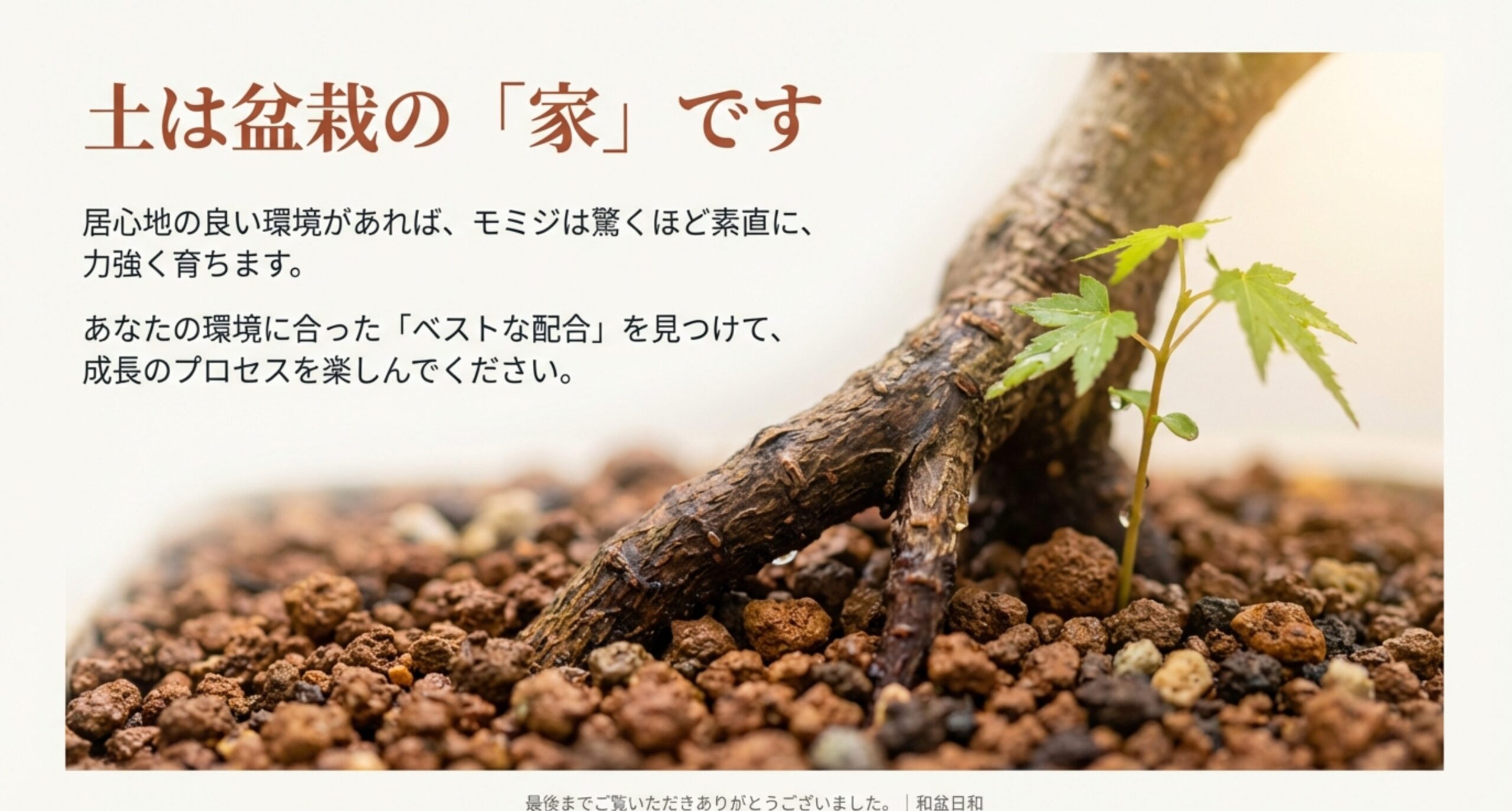 「土は盆栽の『家』です」というメッセージと、居心地の良い環境が成長を促すという結びの言葉。和盆日和のロゴ。