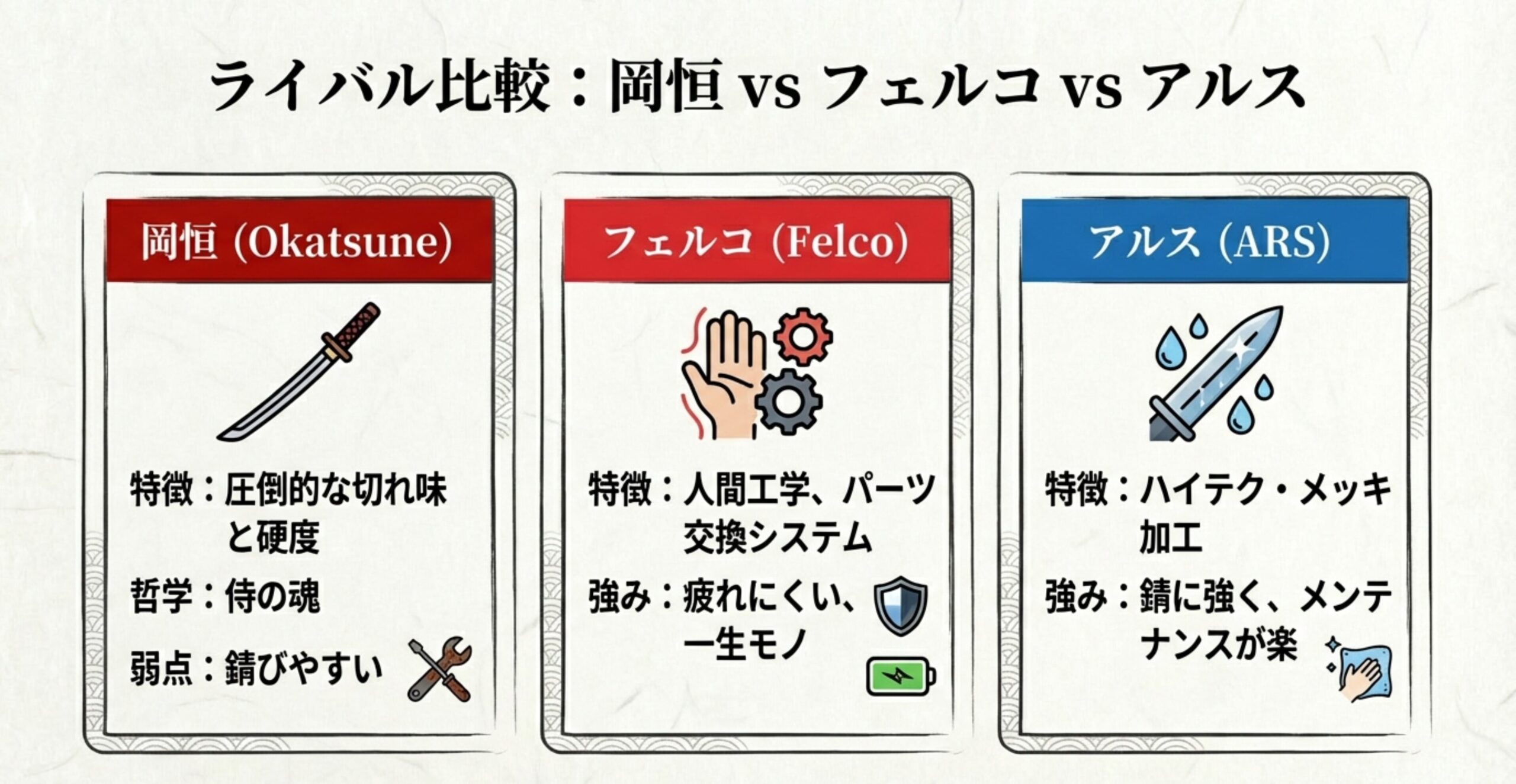 岡恒、フェルコ、アルスの剪定鋏の特徴・硬度・メンテナンス性の比較チャート