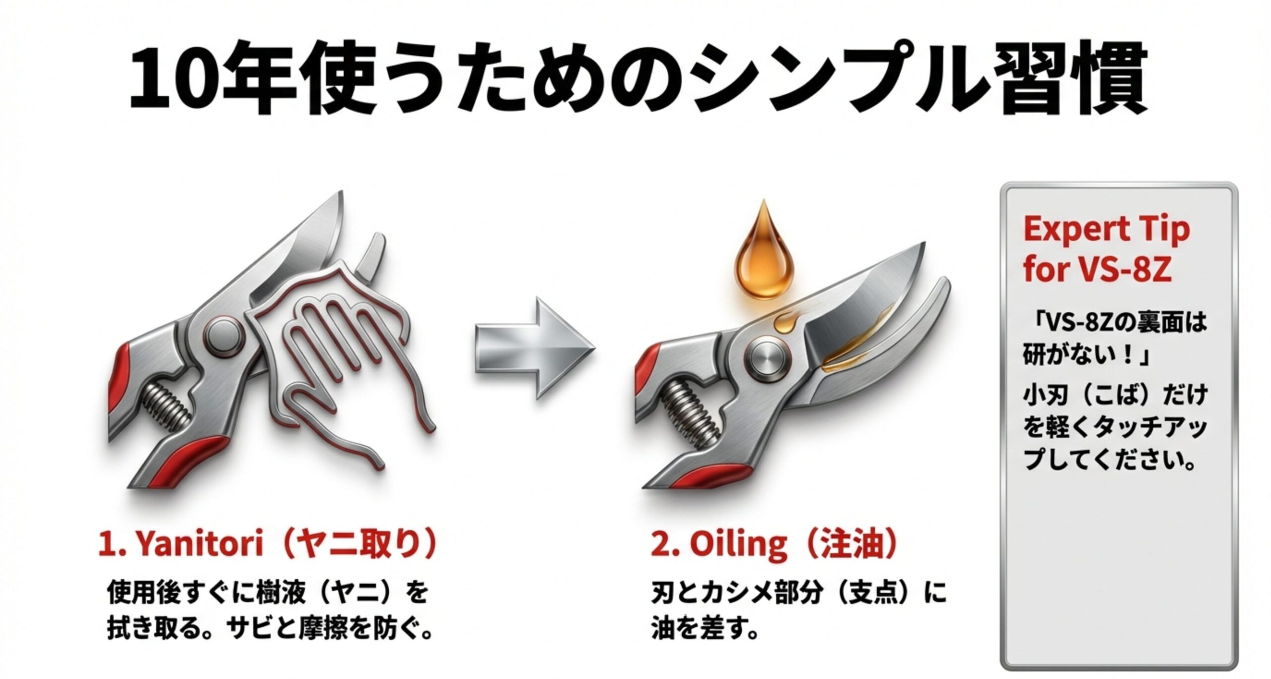 剪定鋏の使用後のヤニ取り・注油の習慣と、VS-8Zの裏面は研がずに小刃だけをタッチアップするよう促すメンテナンス解説図。

9. まとめ（結論）