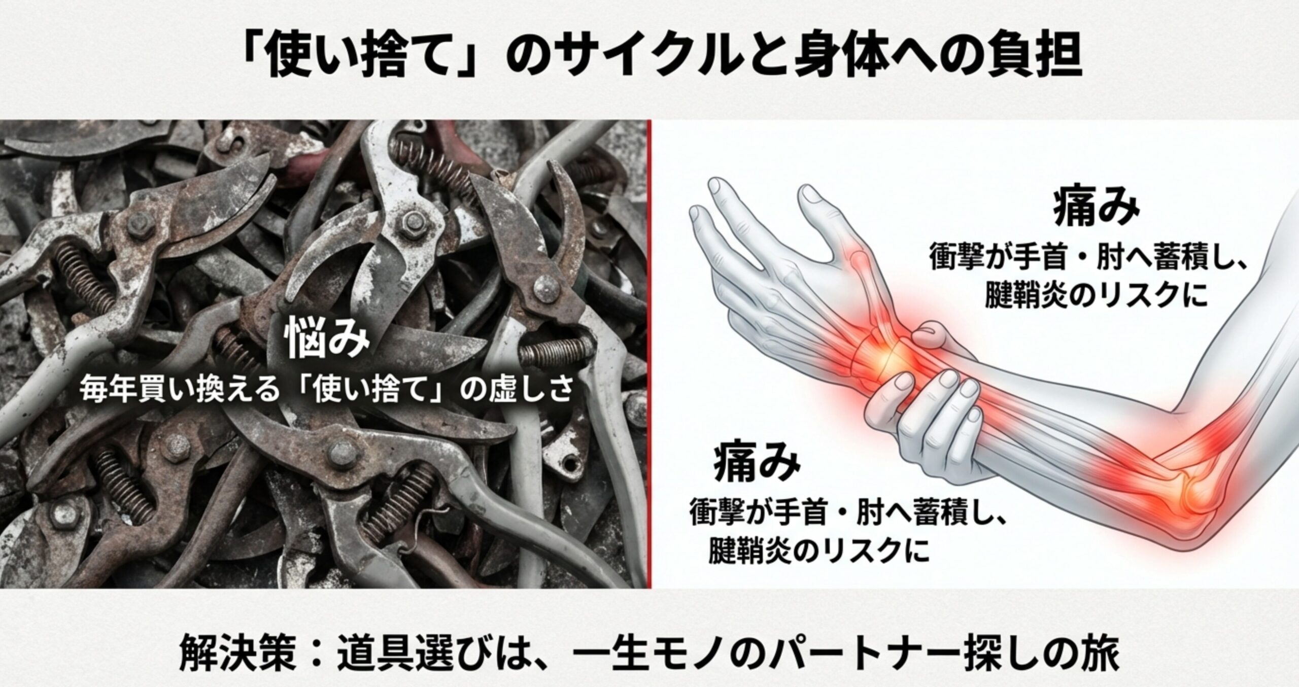 錆びて使い捨てられた大量の剪定鋏の山と、手首や肘への衝撃による腱鞘炎(痛み)の発生メカニズムを示す図解。