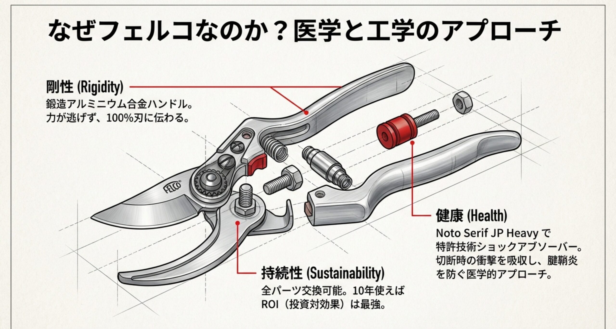 フェルコ剪定鋏の3つの特徴。鍛造アルミハンドルの剛性、パーツ交換可能な持続性、ショックアブソーバーによる腱鞘炎予防の医学的アプローチ。
