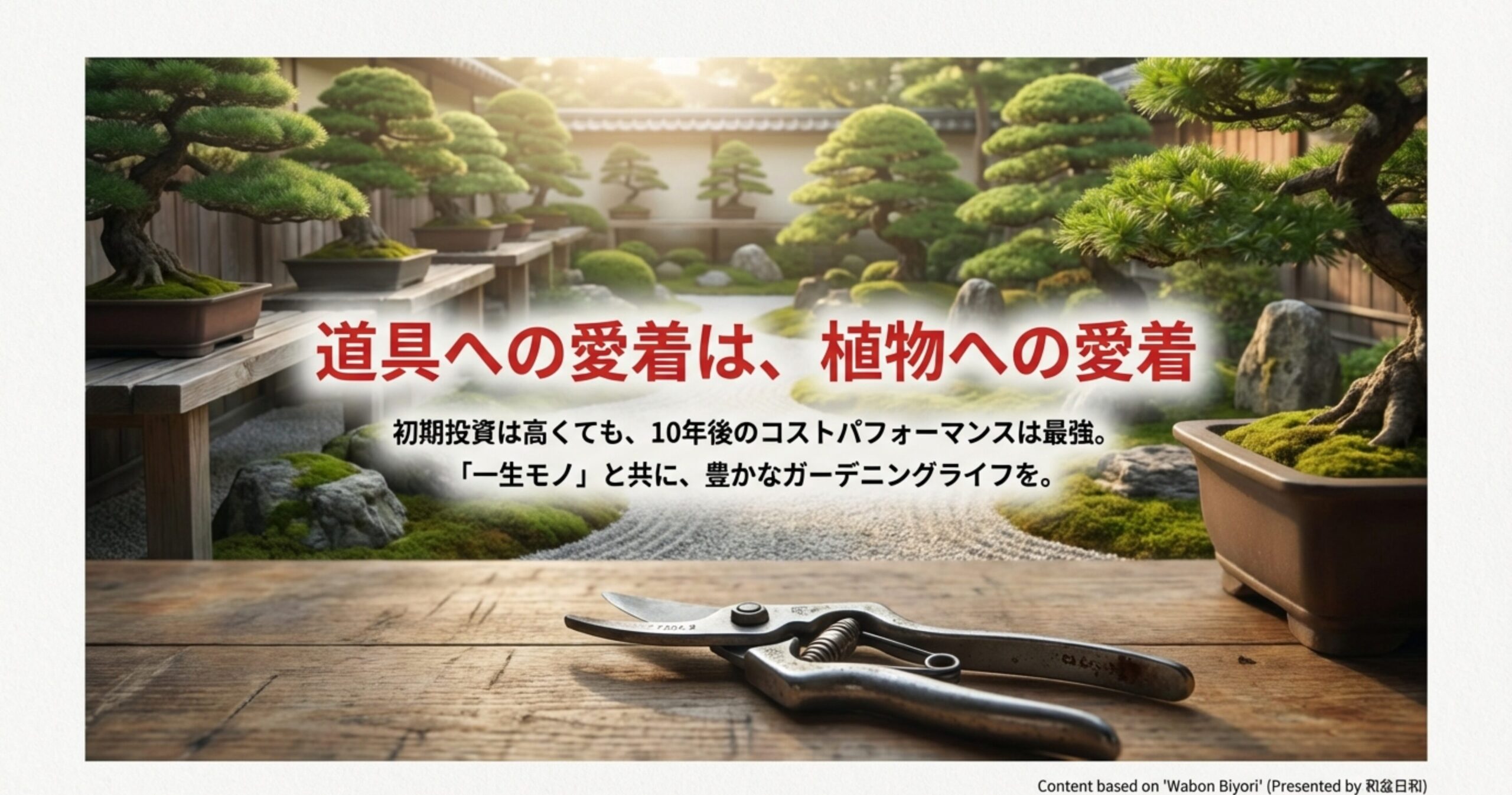 手入れされた盆栽の庭と、使い込まれたフェルコの剪定鋏。「初期投資は高くても10年後のコストパフォーマンスは最強」というメッセージ。
