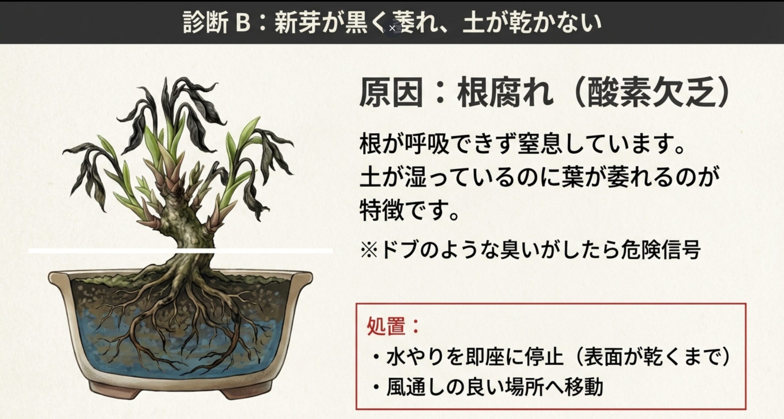 新芽が黒く萎れ、土が乾かない根腐れの状態。根が窒素不足で呼吸できていない様子と、水やり停止の処置を説明する図