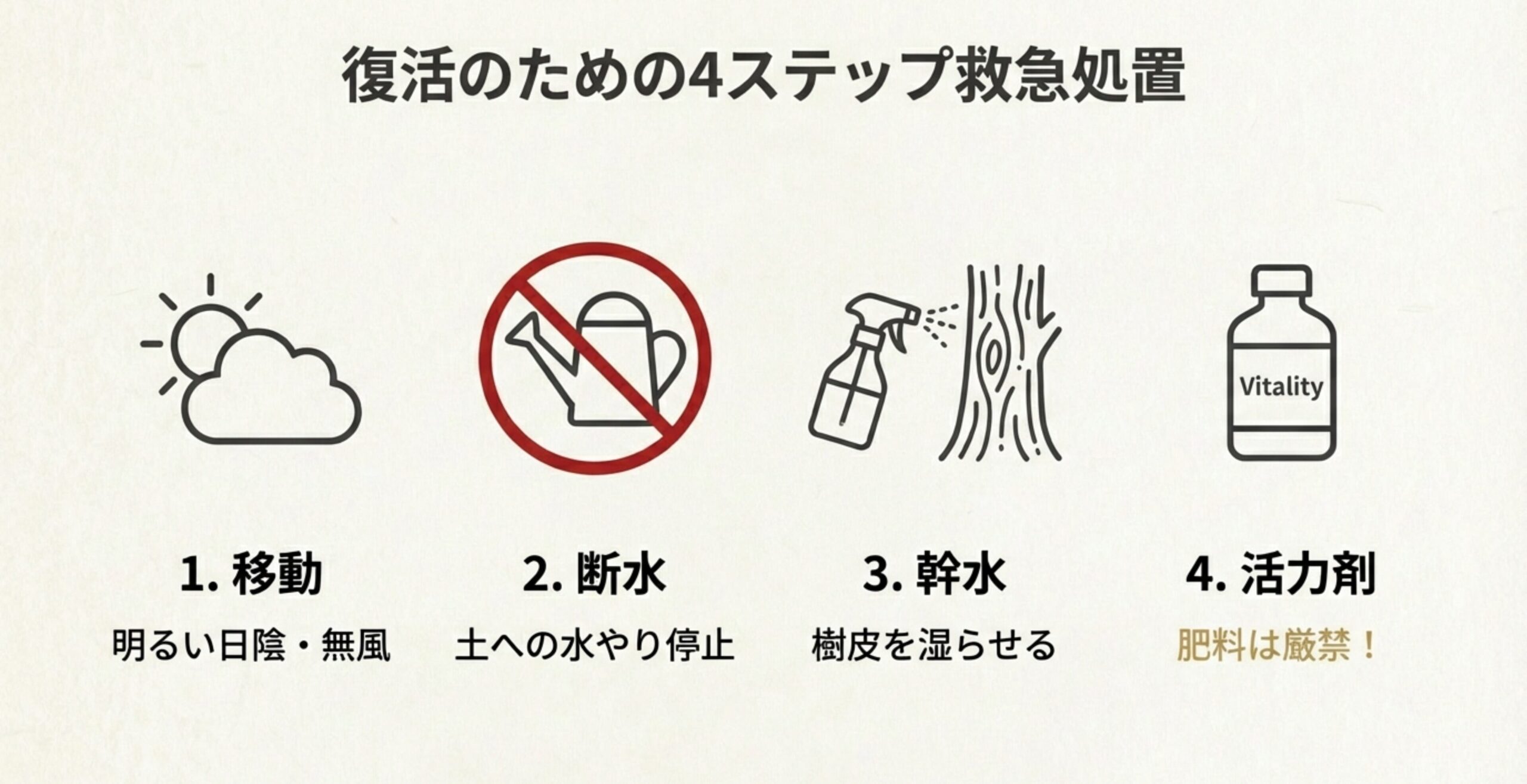 移動、断水、幹水、活力剤という、ハクチョウゲ復活のための4つの具体的な手順を示したチェックリスト