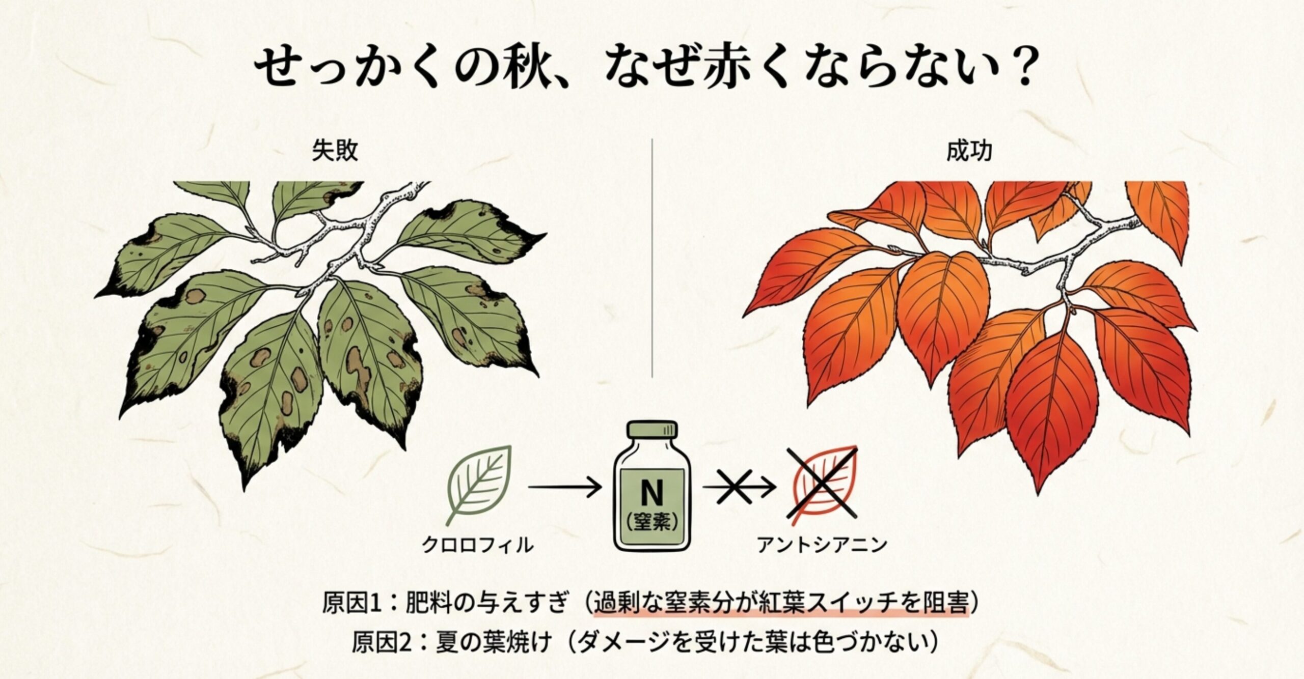 ハゼの葉が紅葉しない原因図解。過剰な窒素(N)がクロロフィルからアントシアニンへの変化を阻害している様子。