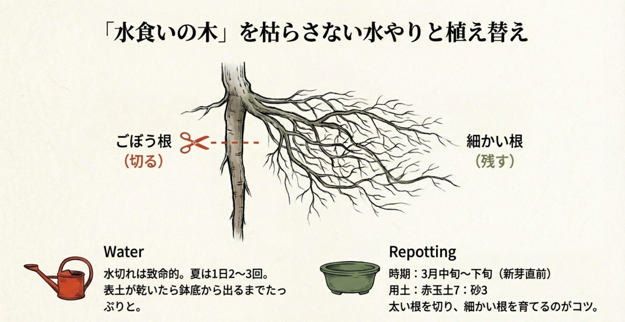 ハゼの太い直根(ごぼう根)の剪定位置と、水分吸収に必要な細かい根を残すポイントを示した図解