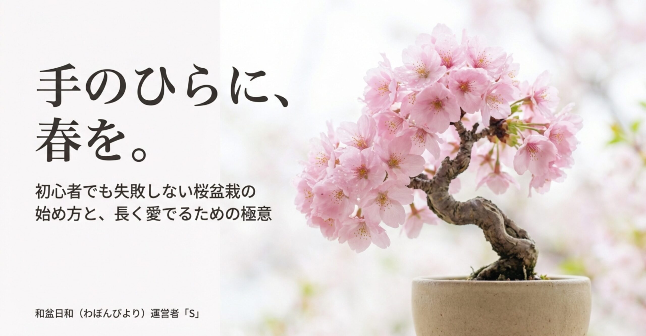 桜盆栽の始め方と長く愛でるための極意、和盆日和運営者Sによるスライド資料の表紙。