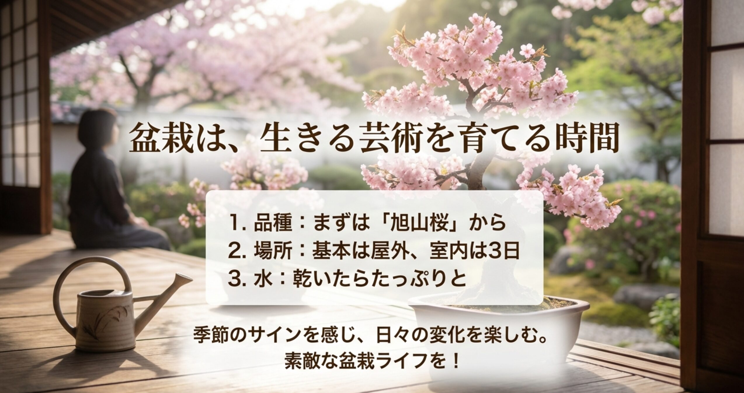 桜盆栽を長く楽しむためのまとめ。1.品種は旭山桜から、2.基本は屋外、3.乾いたらたっぷり水やり、の3箇条。