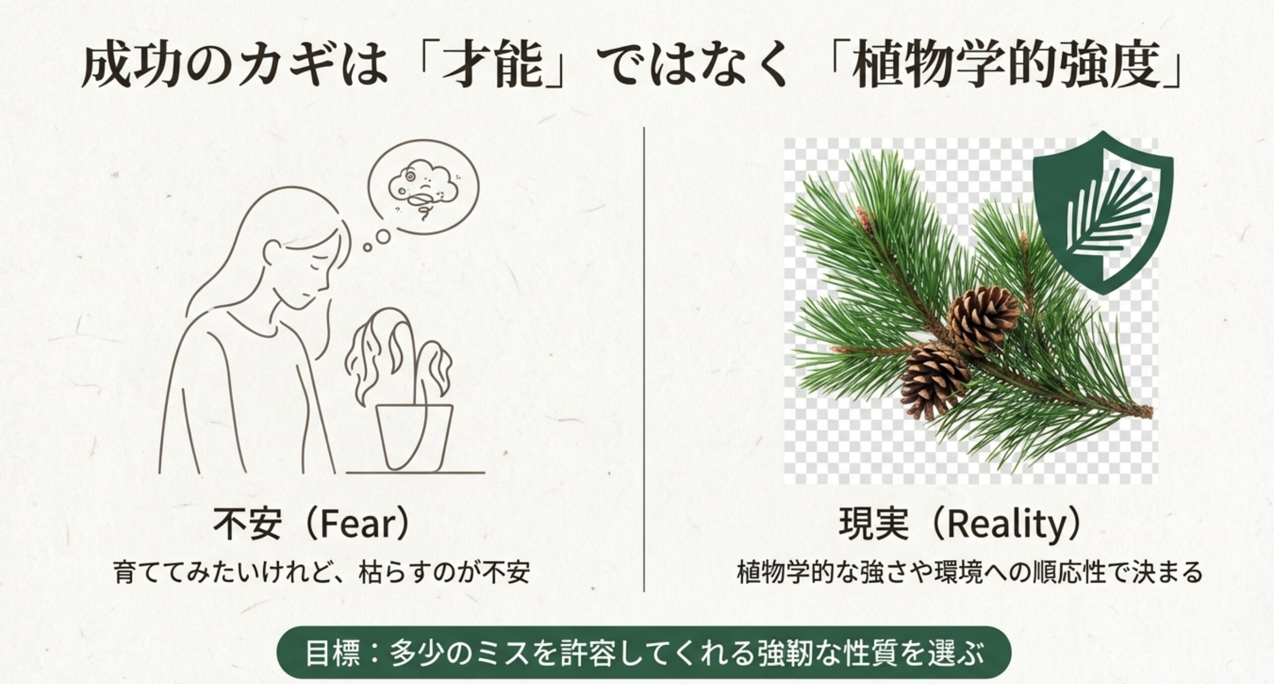 枯らす不安を抱える女性のイラストと、成功のカギは才能ではなく植物学的強度にあることを示す図解。