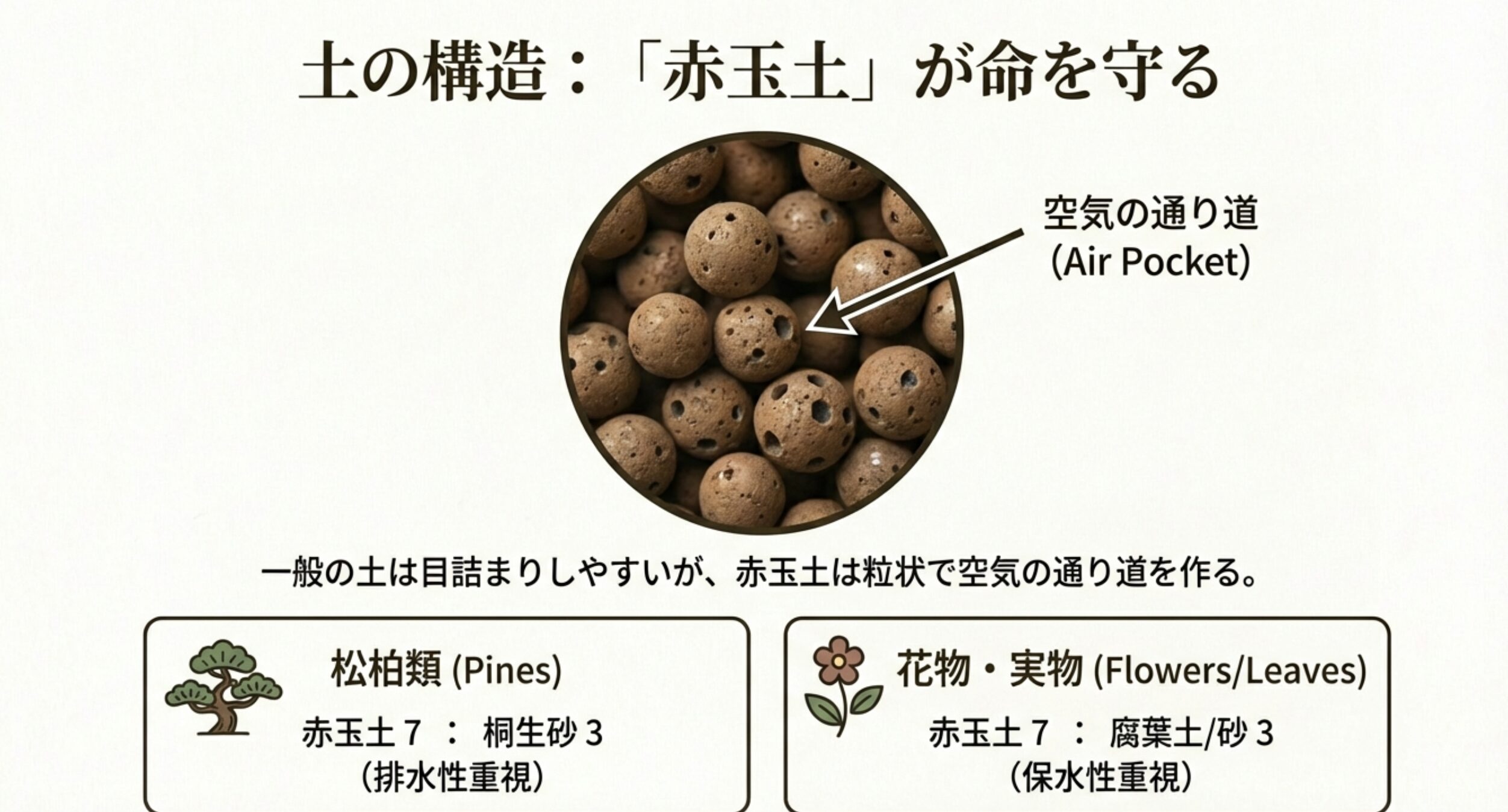 赤玉土の粒を拡大した図。空気の通り道があることと、松柏類や花物別の推奨配合比率のリスト。