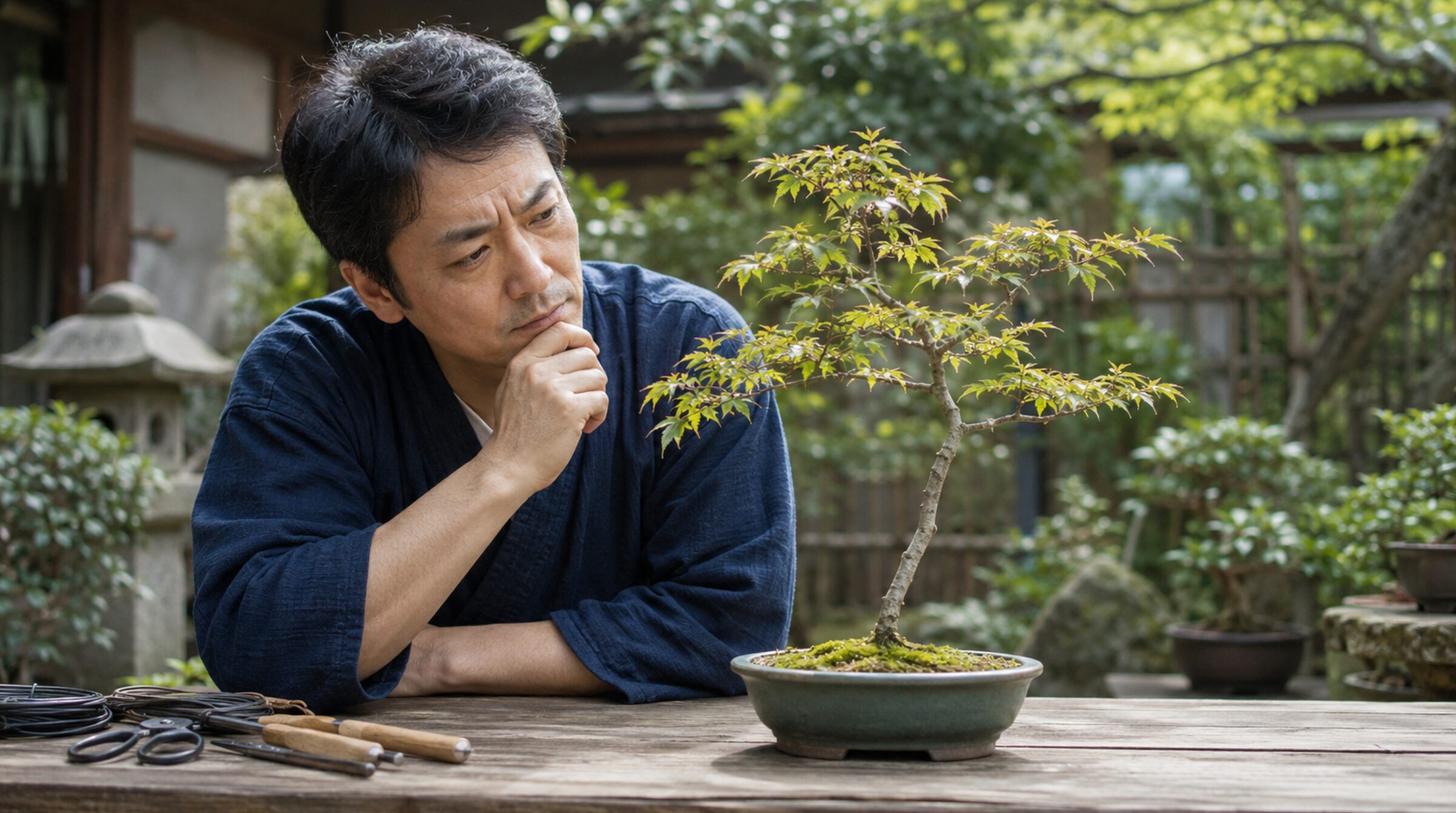 幹が細いもみじ盆栽を見ながら育て方を考える日本人男性