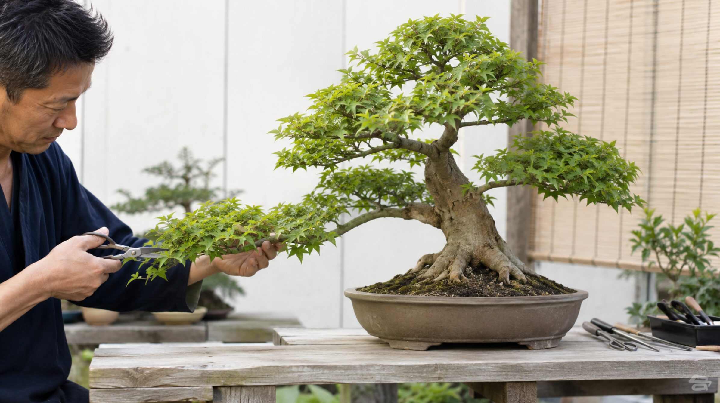 もみじ盆栽の幹元を太くする犠牲枝を確認する日本人男性