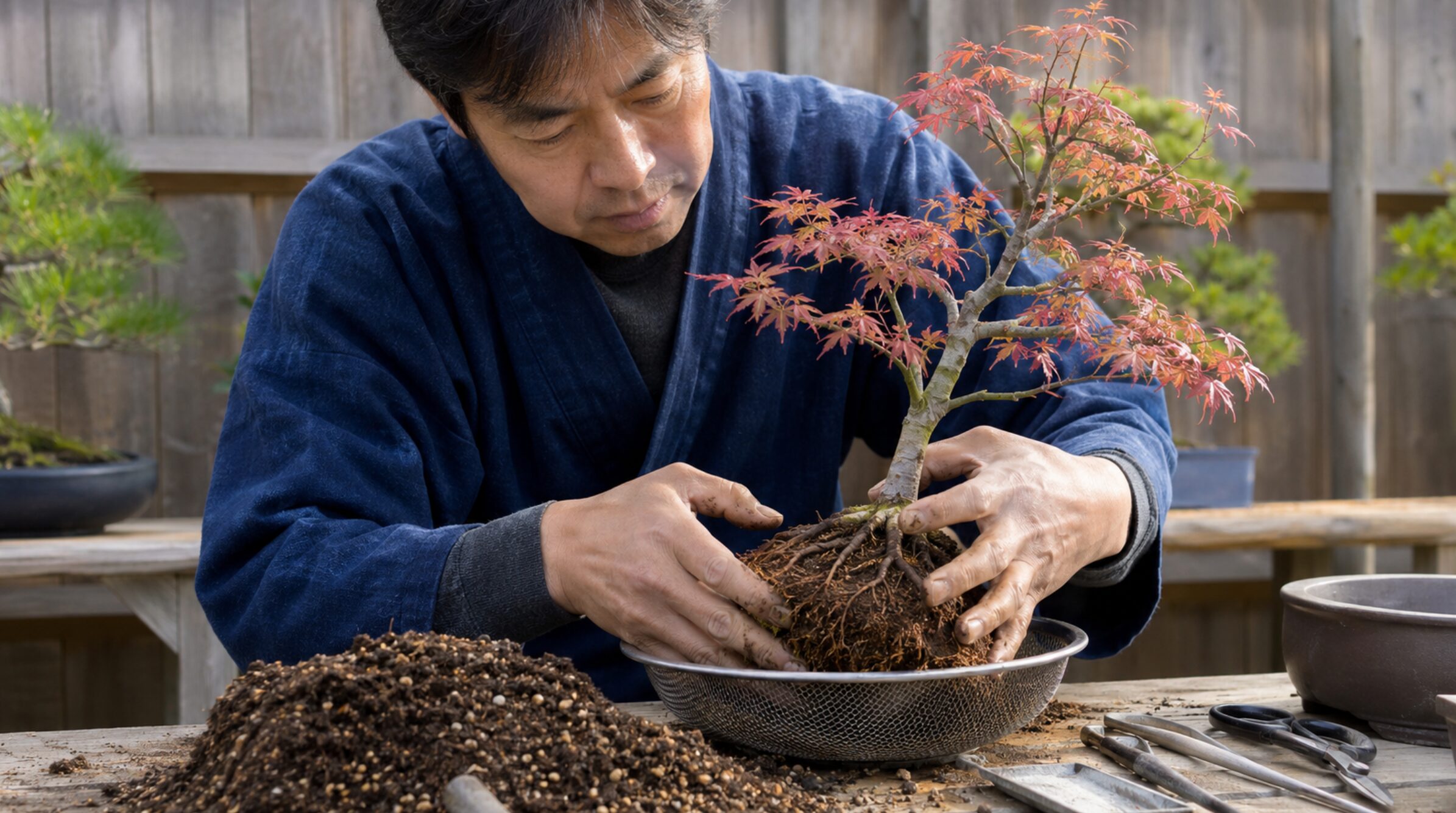 細根を整理してザル鉢へ植え替えるもみじ盆栽の根切り作業