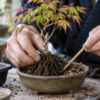 モミジ盆栽の植え替えで竹箸を使い根の隙間に用土を入れる作業