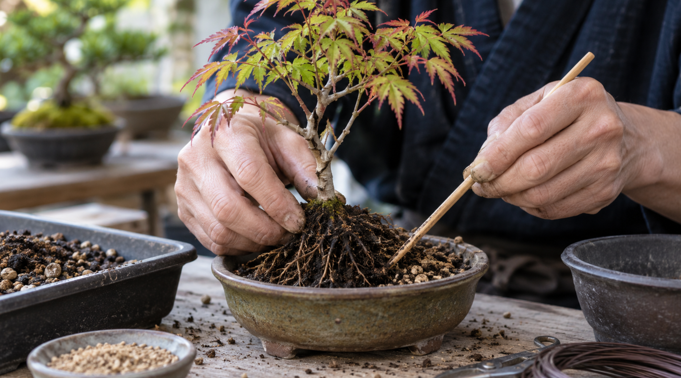モミジ盆栽の植え替えで竹箸を使い根の隙間に用土を入れる作業