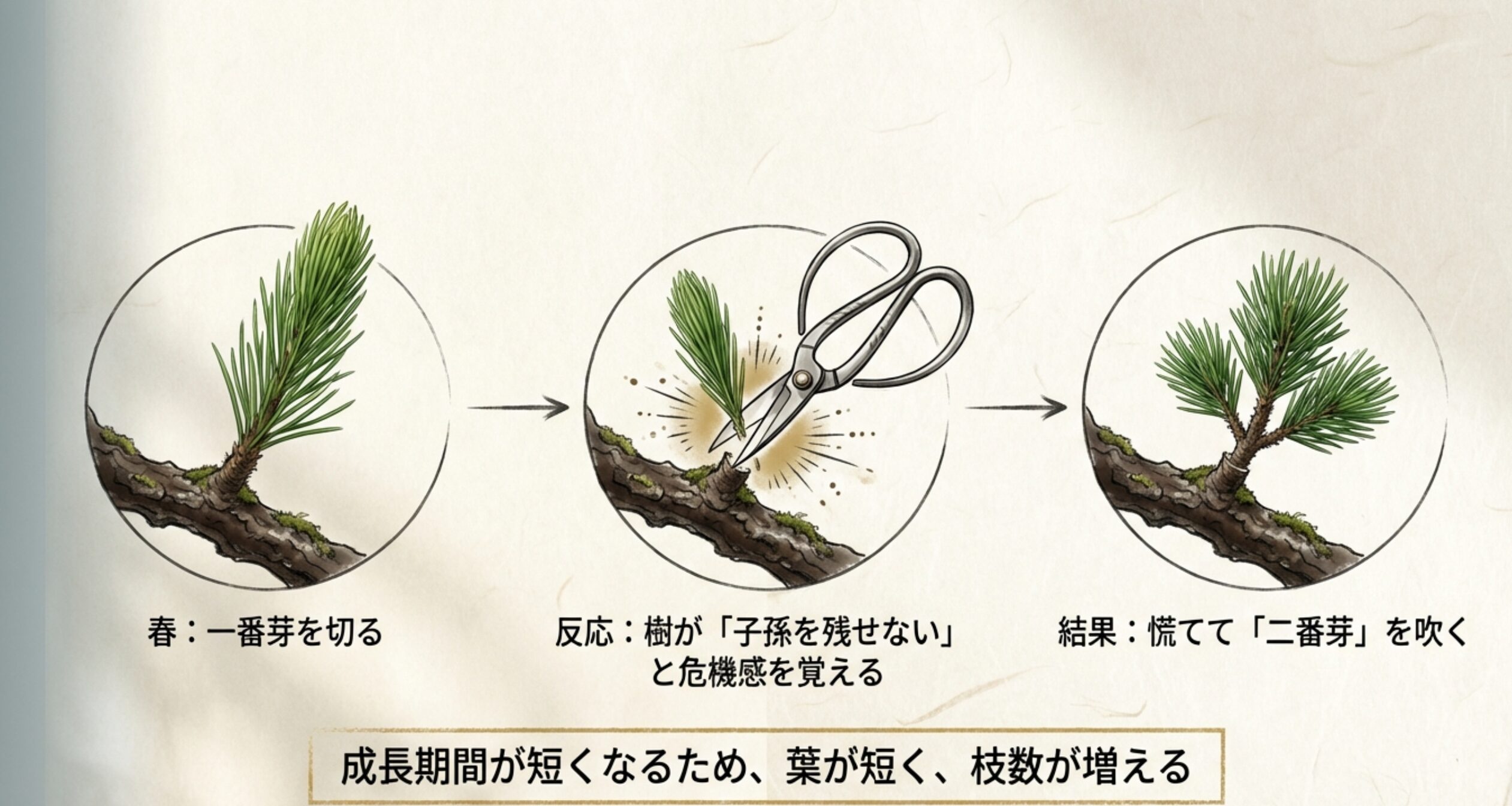 春に一番芽を切ることで樹が危機感を覚え、二番芽を吹くことで葉が短く枝数が増える仕組みの解説