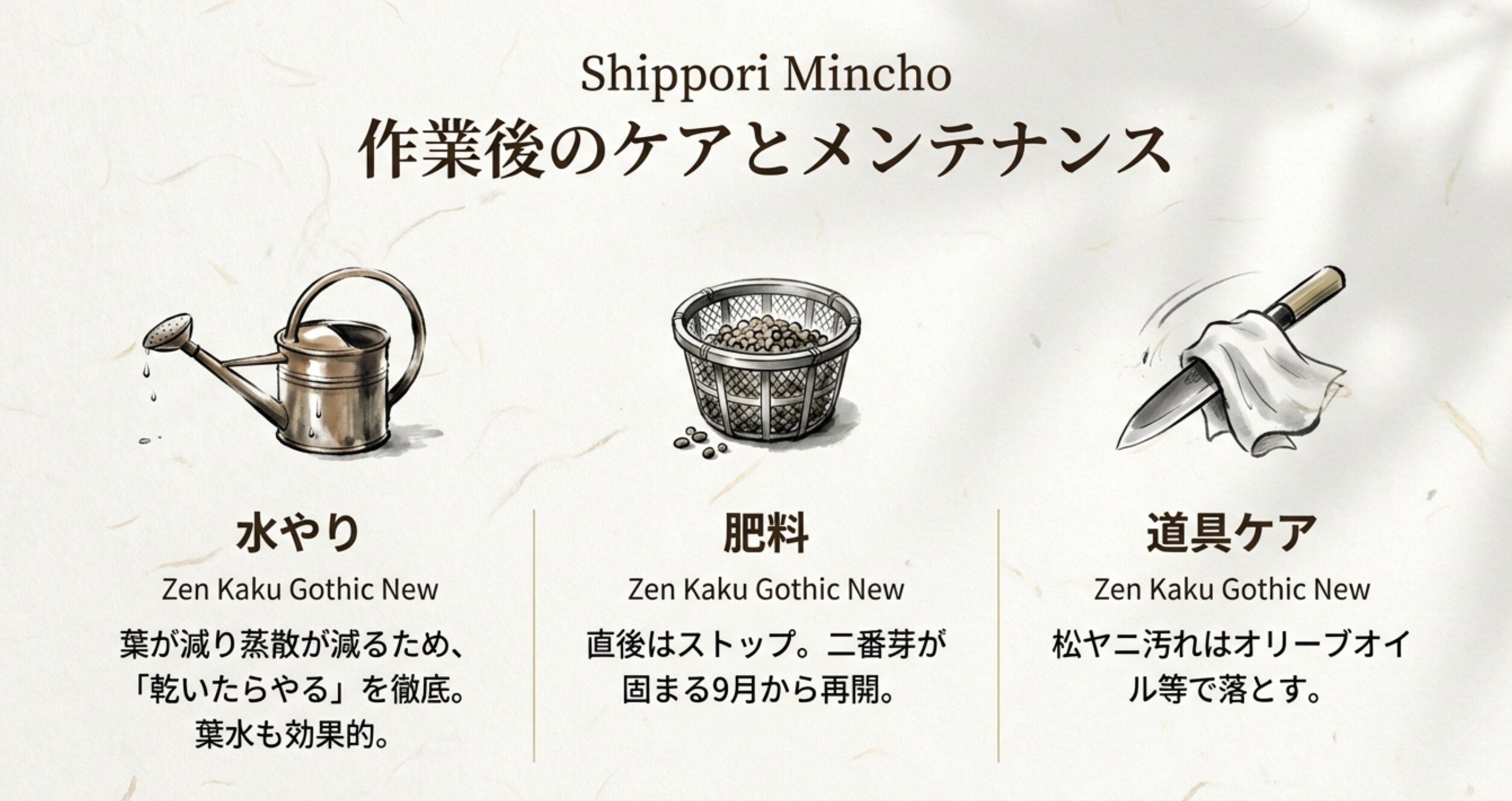 蒸散が減るため「乾いたらやる」水やり、二番芽が出るまで肥料を止める管理、松ヤニをオイルで落とす道具ケアの図解。