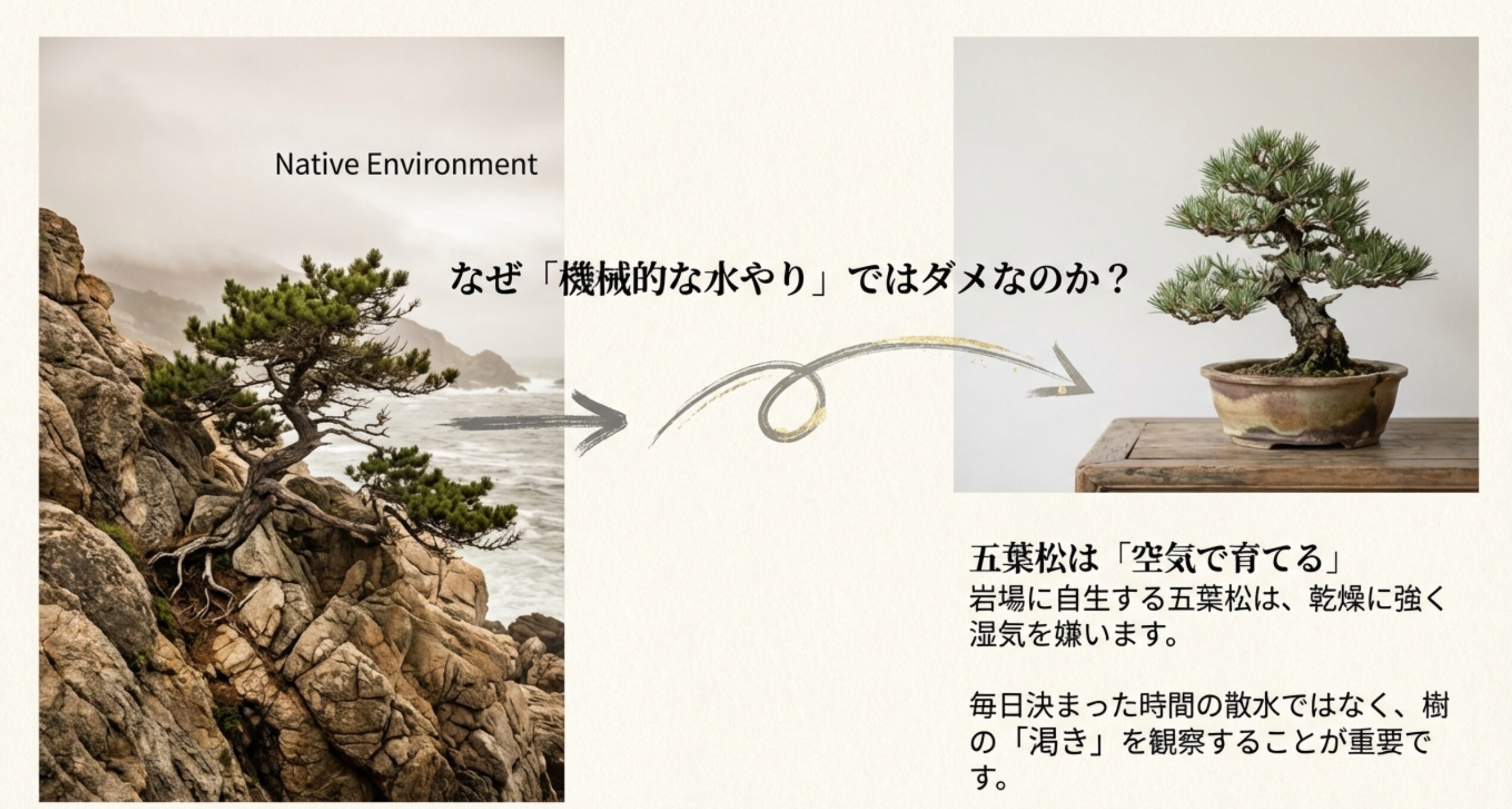 岩場に自生する五葉松の写真と、機械的な水やりではなく樹の渇きを観察することの重要性を説明する図 。