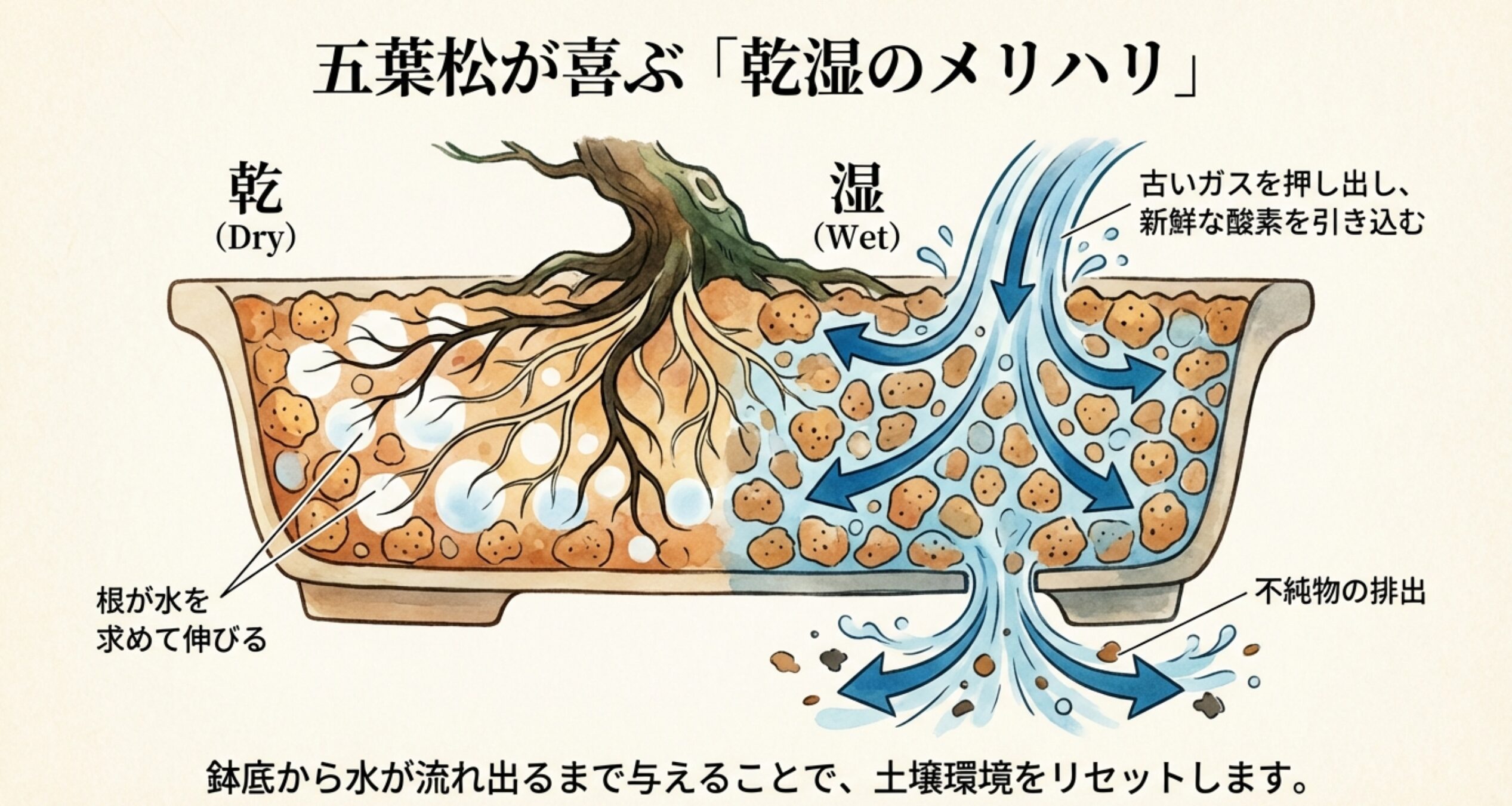 表土の色（黒から白への変化）、指の感覚（内側の乾燥）、鉢の重さ（水やり前後の違い）の3つの確認方法を示すイラスト