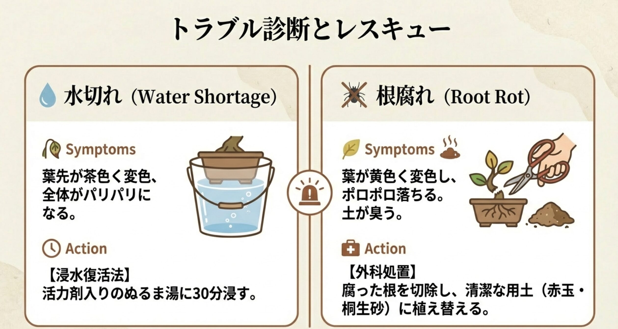 水切れ（葉先が茶色）には浸水復活法、根腐れ（葉が黄色く落ちる）には外科処置を推奨するトラブル診断表とイラスト 。