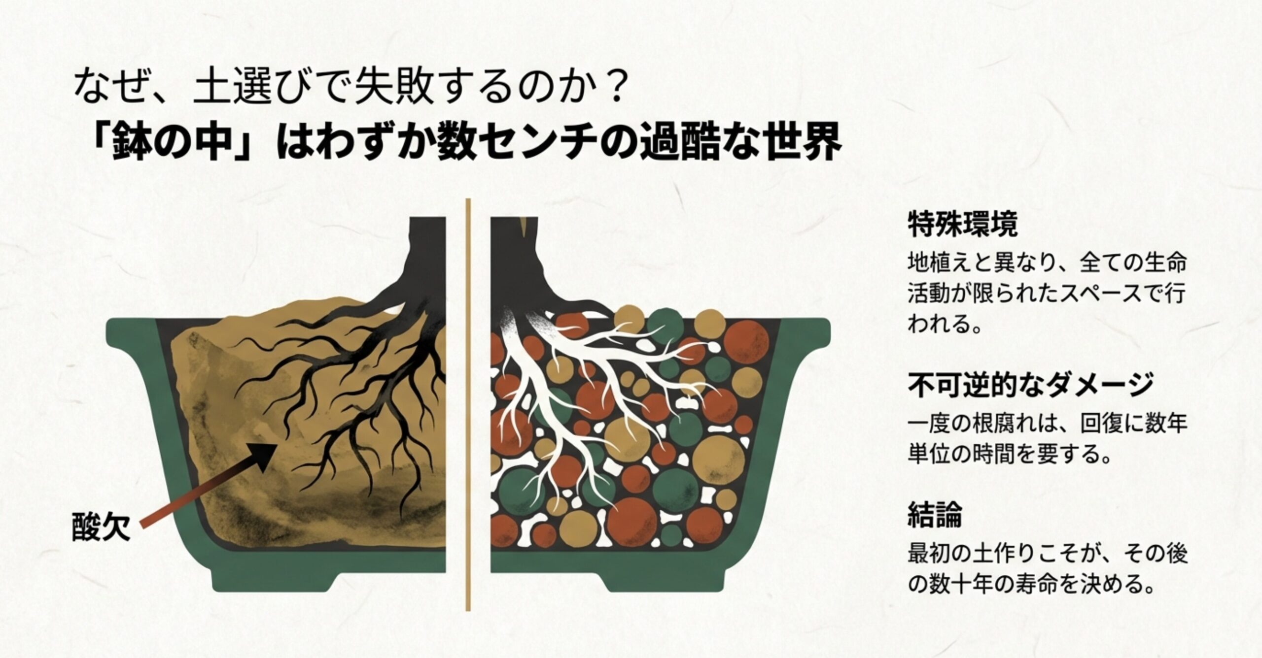 地植えと異なり、限られた鉢のスペースで起こる酸素欠乏と、根腐れによる不可逆的なダメージを説明するイラスト図解。