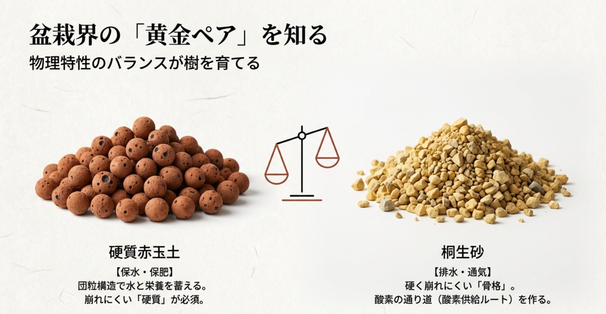 保水・保肥を担う硬質赤玉土と、排水・通気（酸素供給）を担う桐生砂の役割の違いをまとめたスライド。